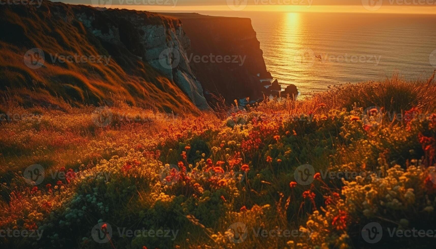 lugn solnedgång över oländig klippa, en natur älskare äventyr väntar genererad förbi ai foto