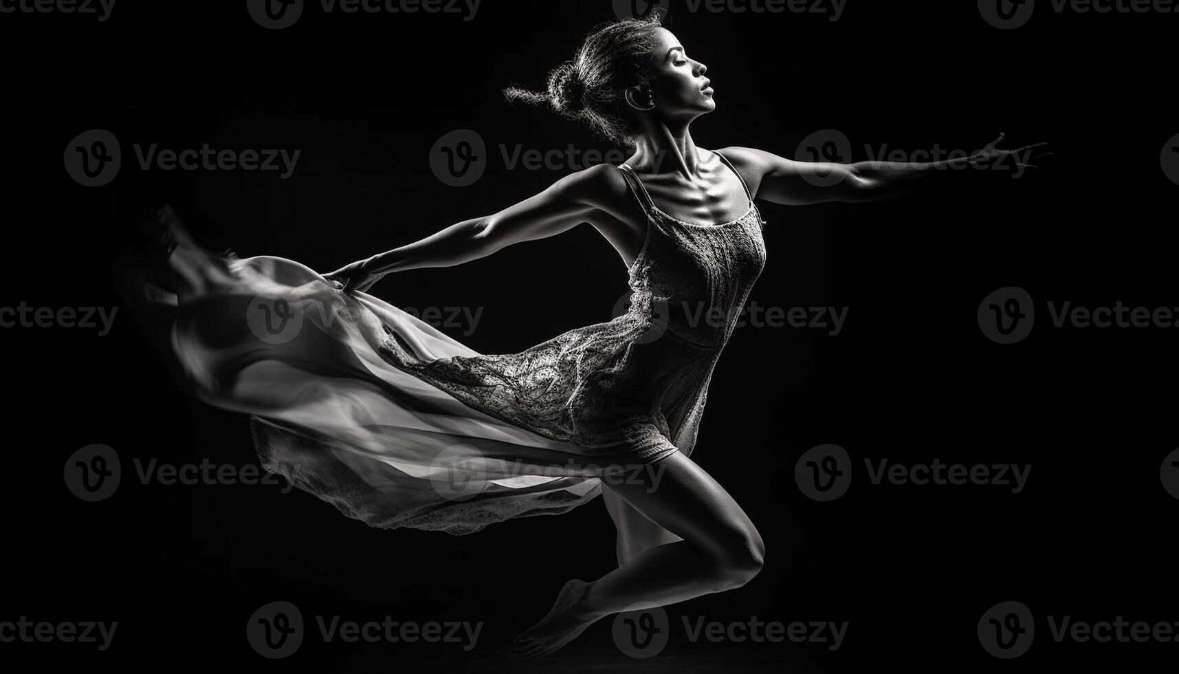 graciös balett dansare utför med elegans på svart skede genererad förbi ai foto