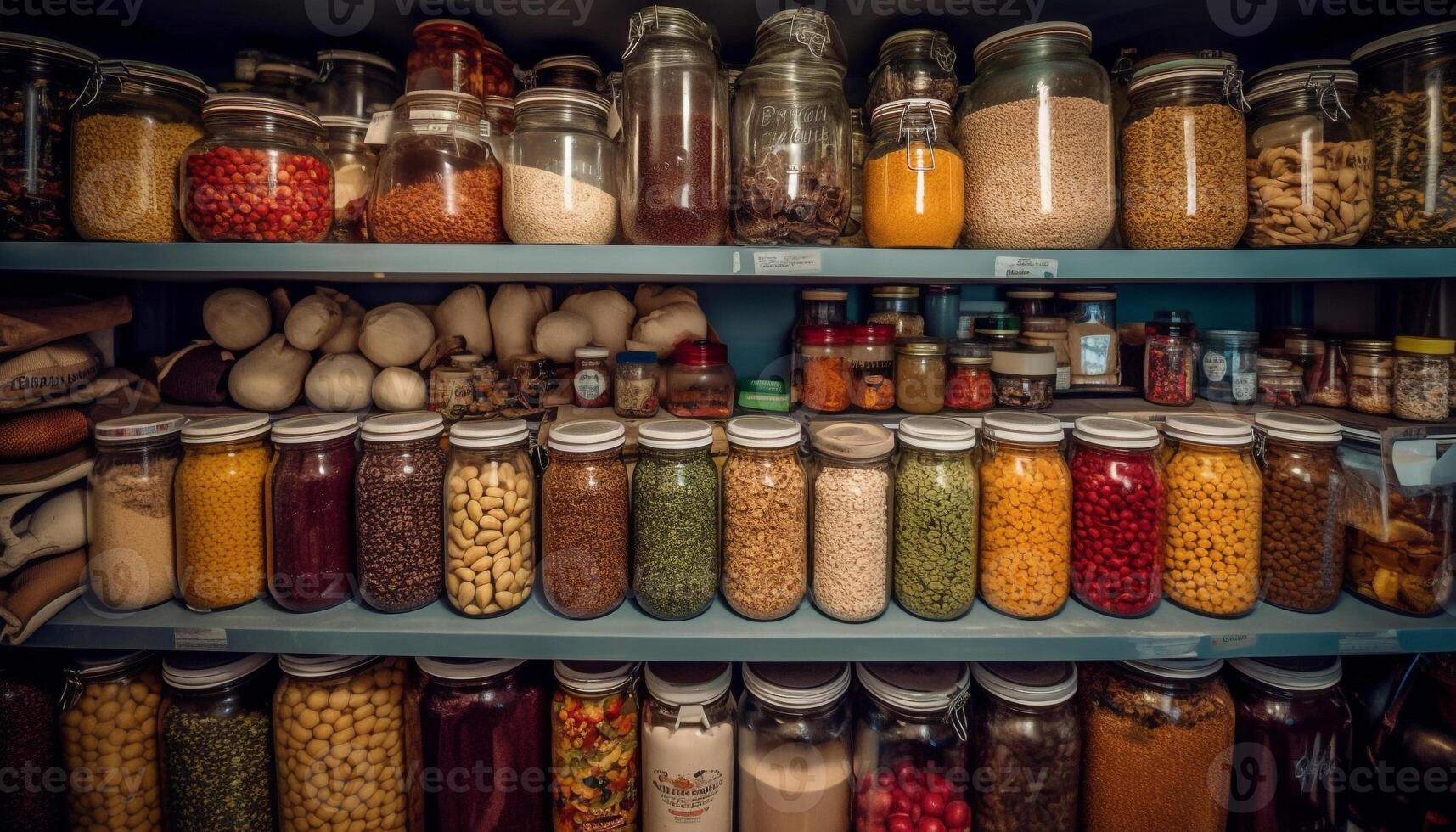 en friska samling av mång färgad kryddor i glas burkar genererad förbi ai foto