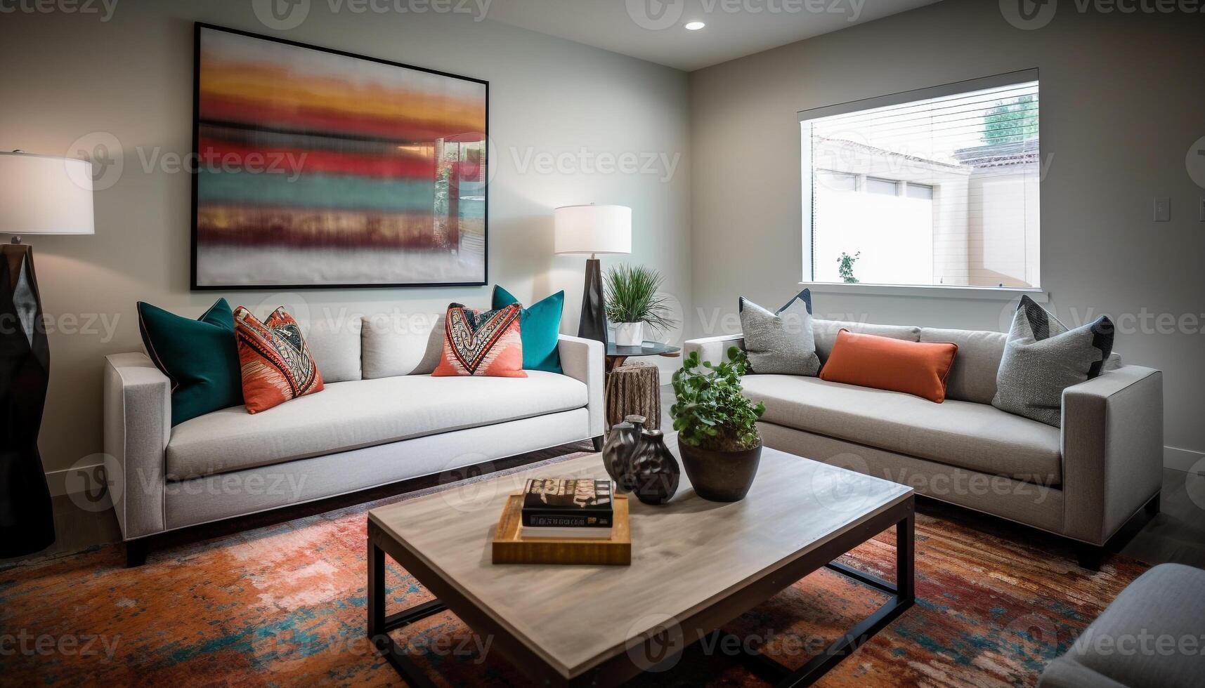 en modern, bekväm levande rum med elegant dekor och belysning genererad förbi artificiell intelligens foto