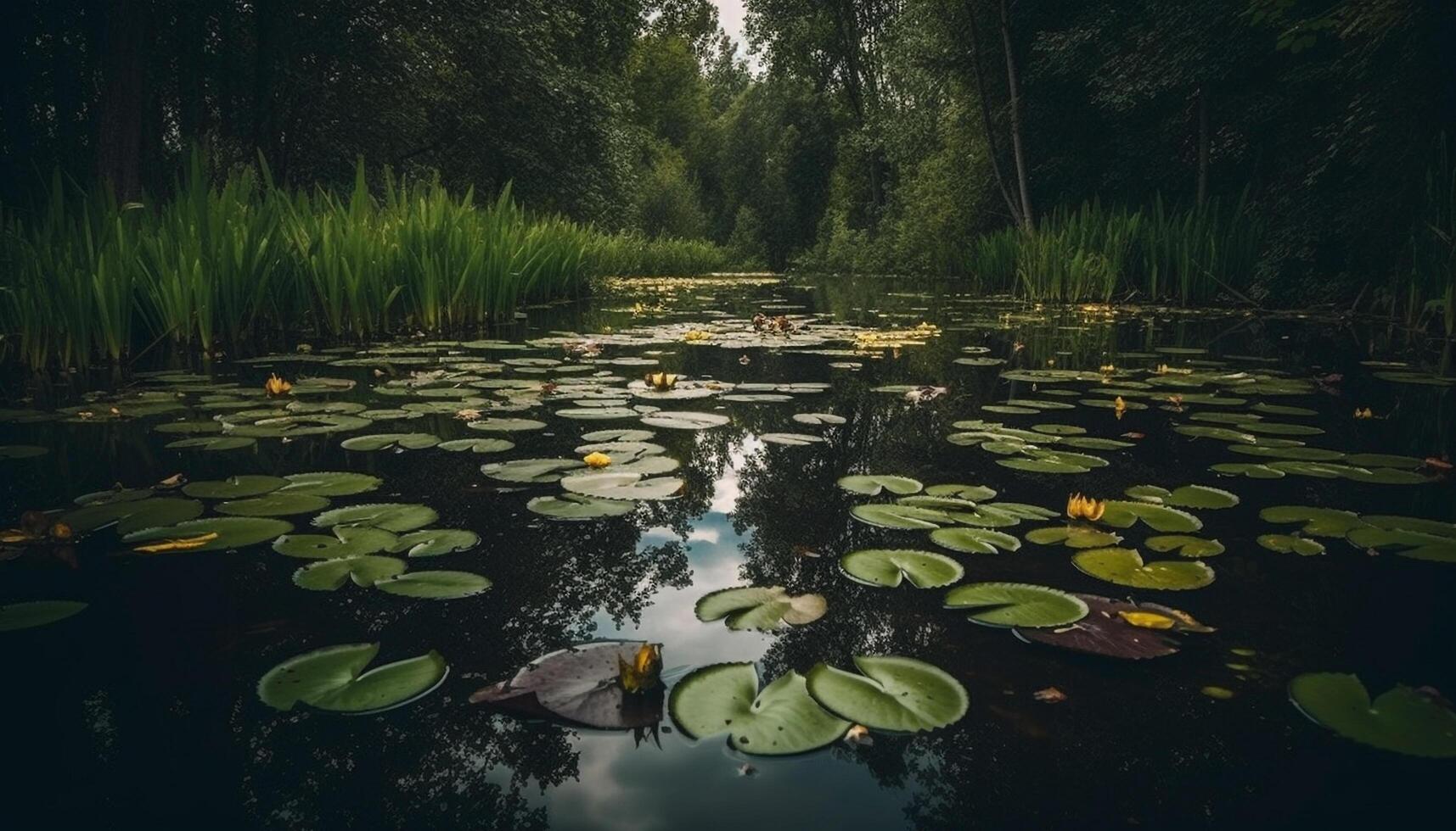 de lugn scen av en lotus vatten lilja damm genererad förbi ai foto