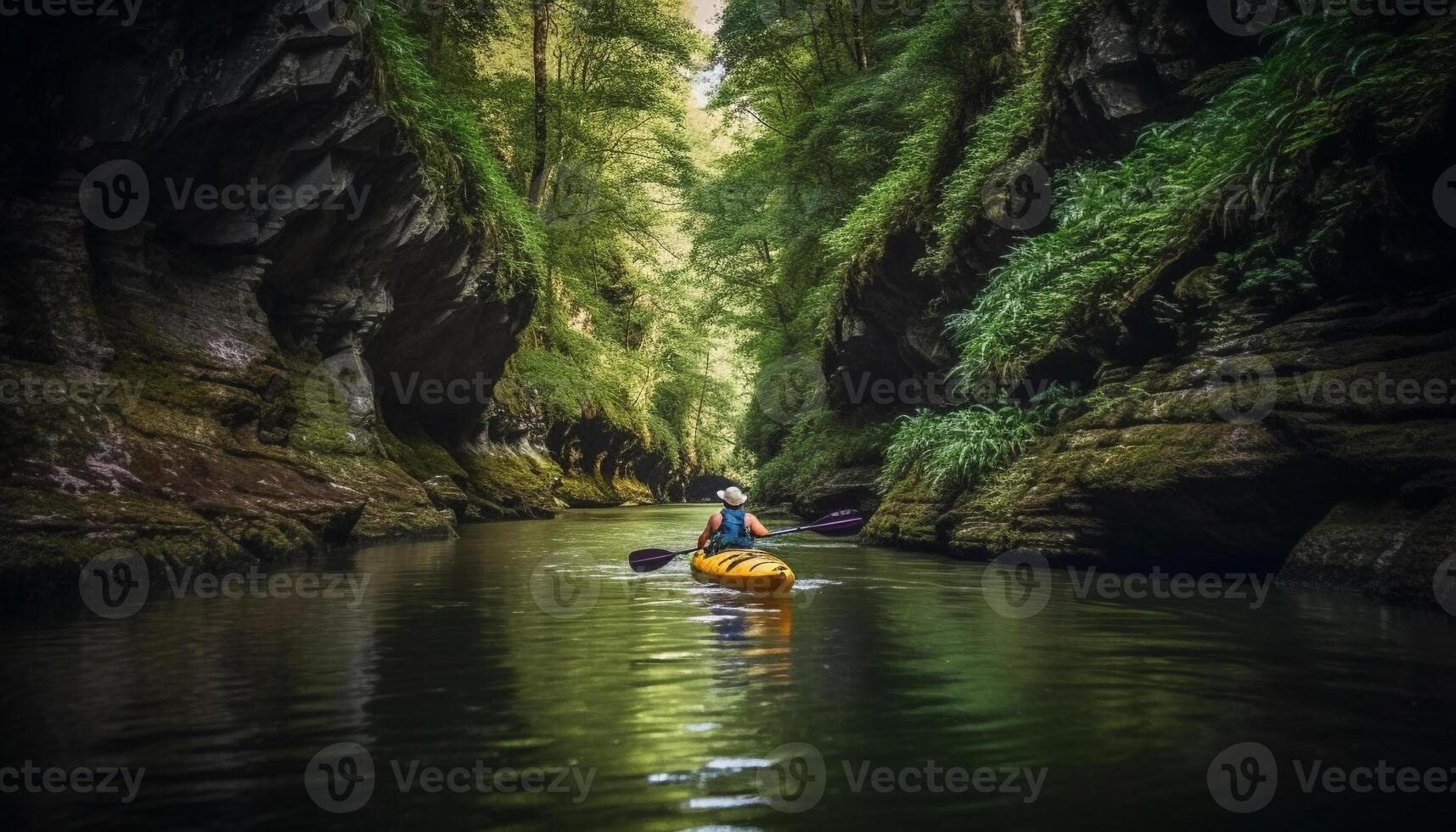 två människor paddla en kanot genom lugn berg vattnen genererad förbi ai foto