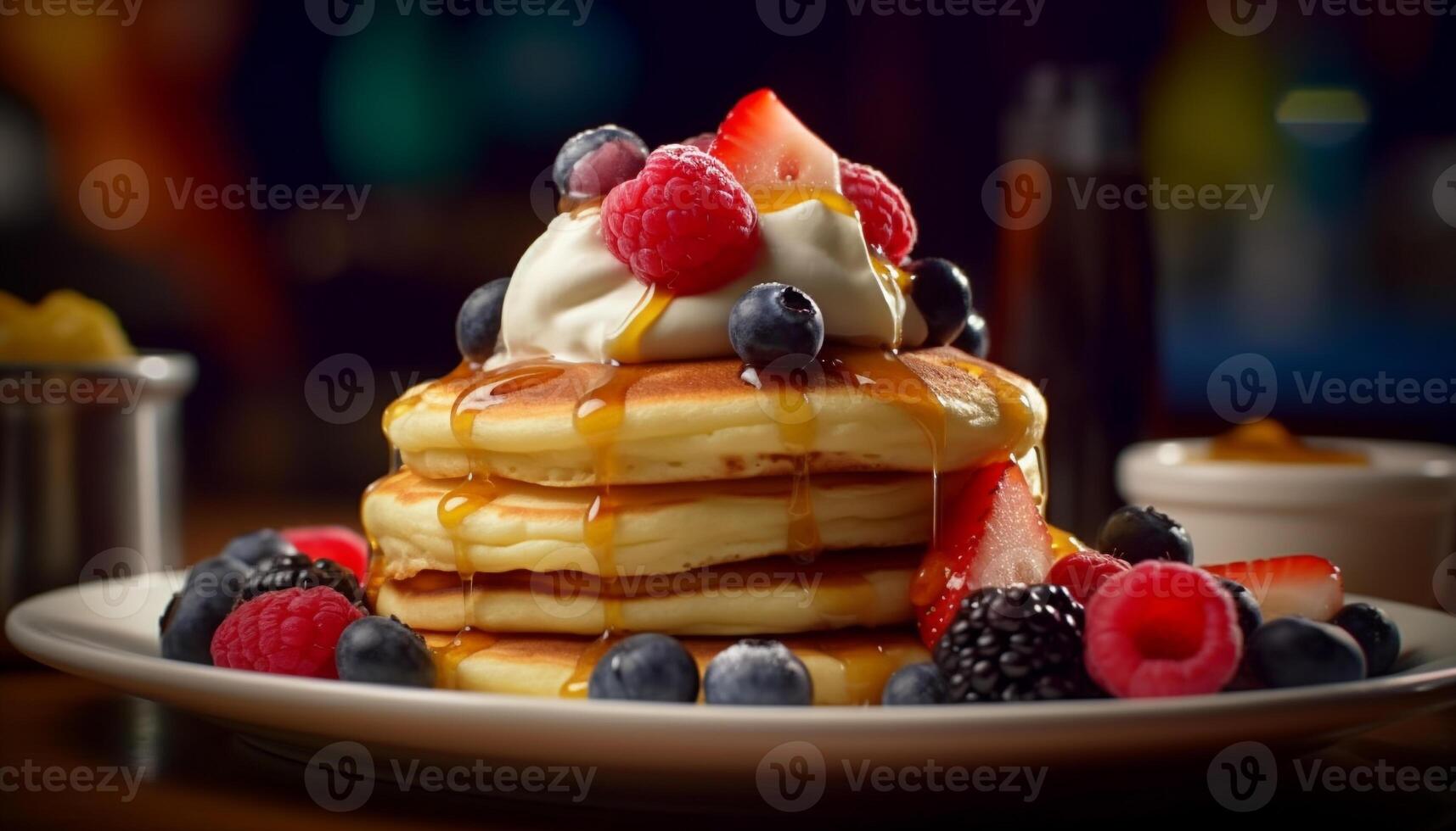 en stack av hemlagad blåbär pannkakor med färsk bär sirap genererad förbi ai foto