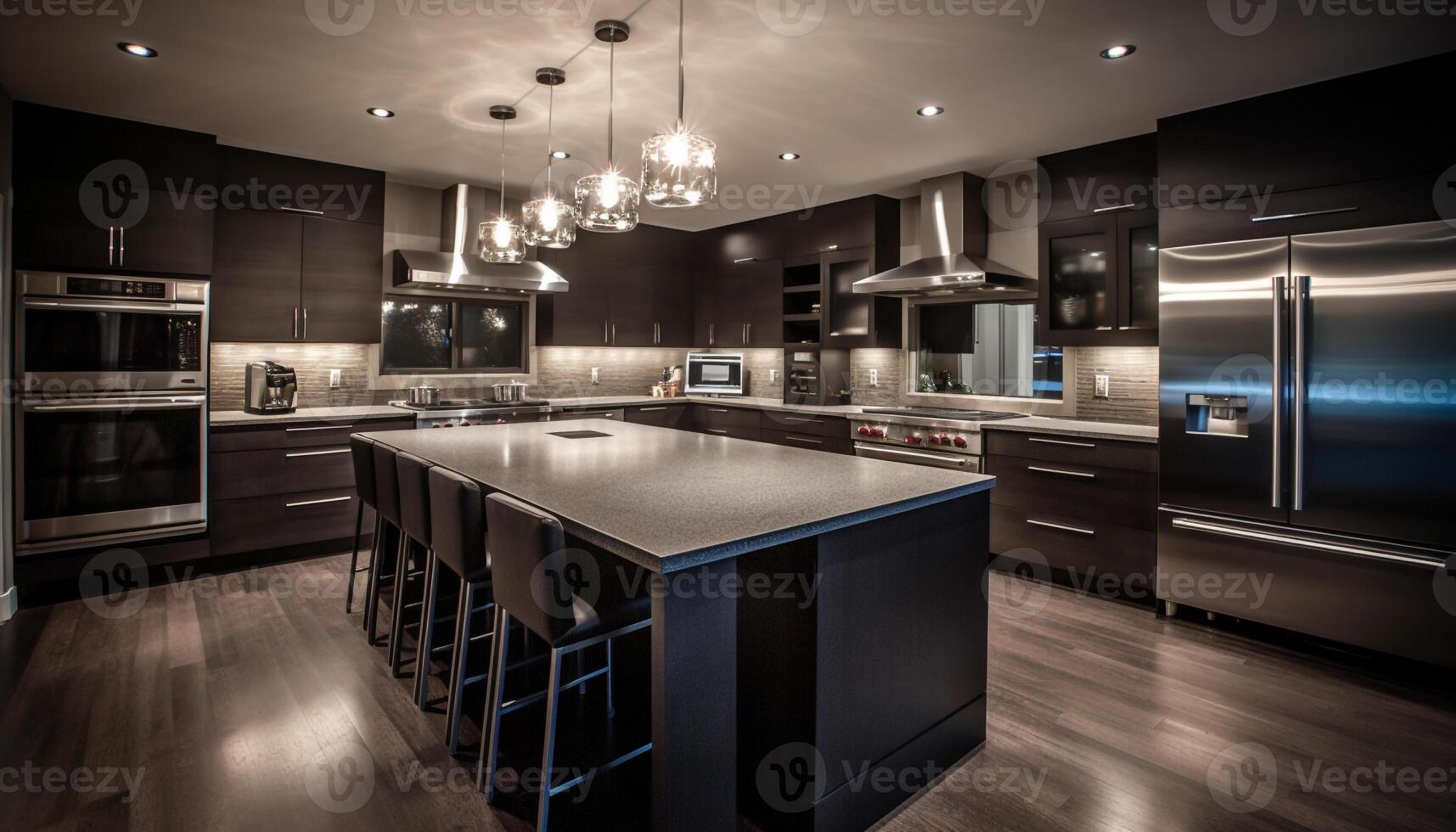 modern lyx kök design med elegant rostfri stål apparater och material genererad förbi ai foto
