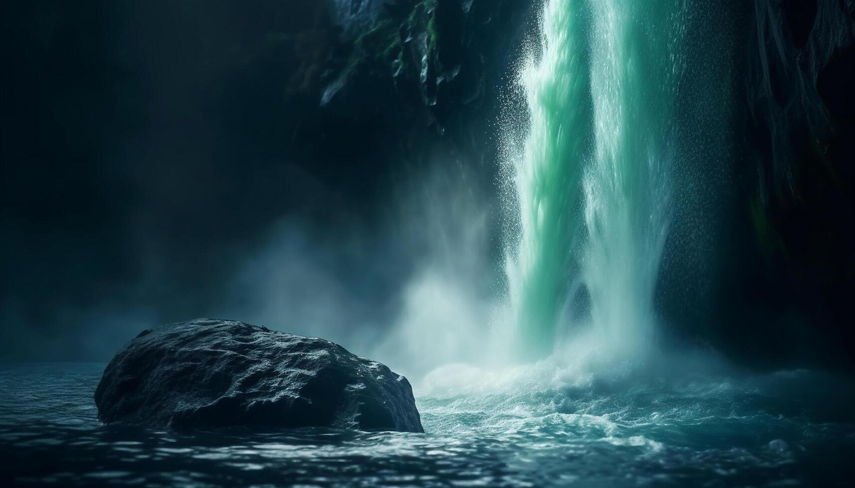 strömmande vatten kaskader ner majestätisk berg klippa, stänk blå spray genererad förbi ai foto