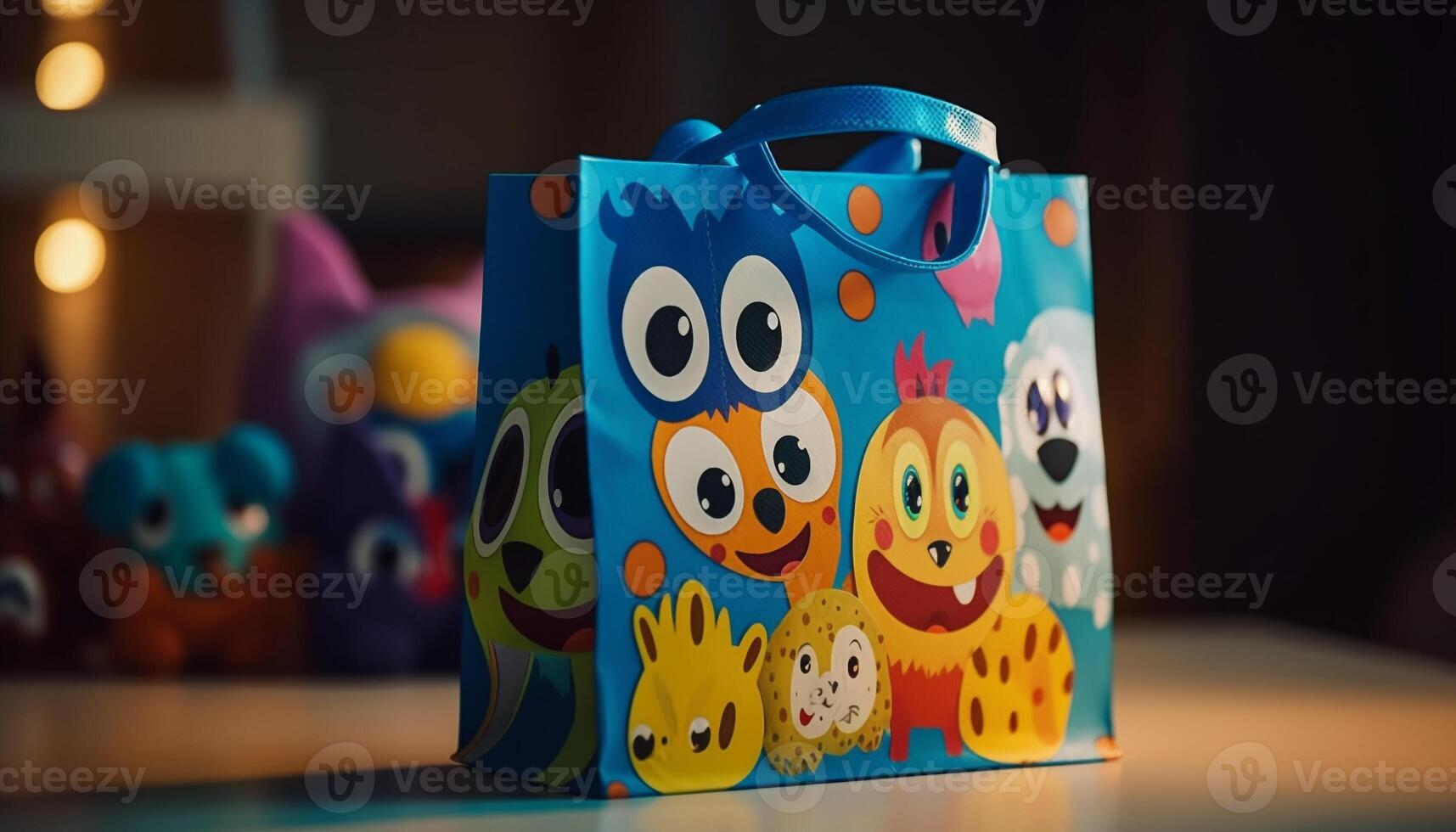 glad barn spelar med söt djur- leksak i mång färgad väska genererad förbi ai foto