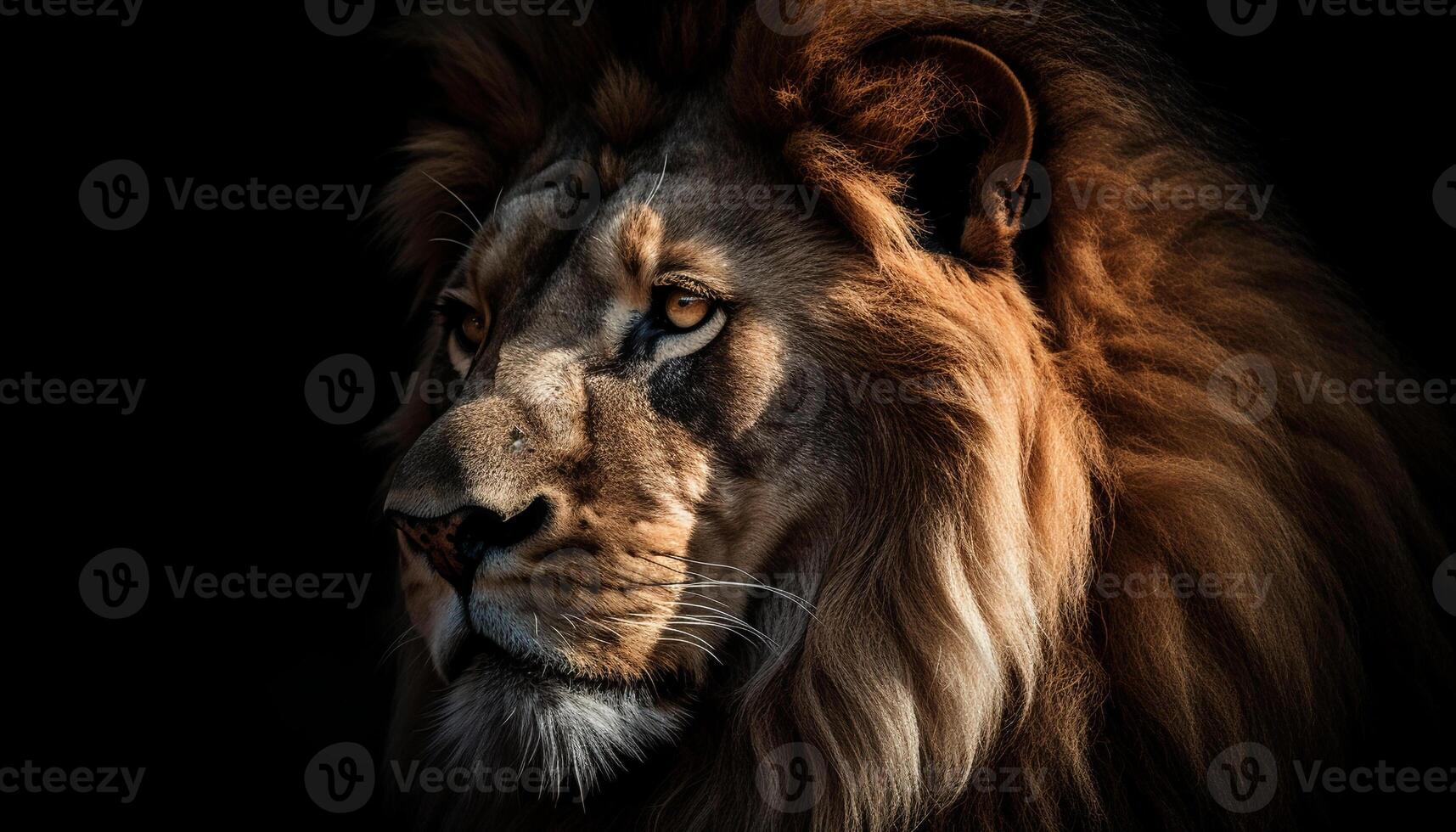 majestätisk lejon stirrande, päls och polisonger, styrka i natur skönhet genererad förbi ai foto