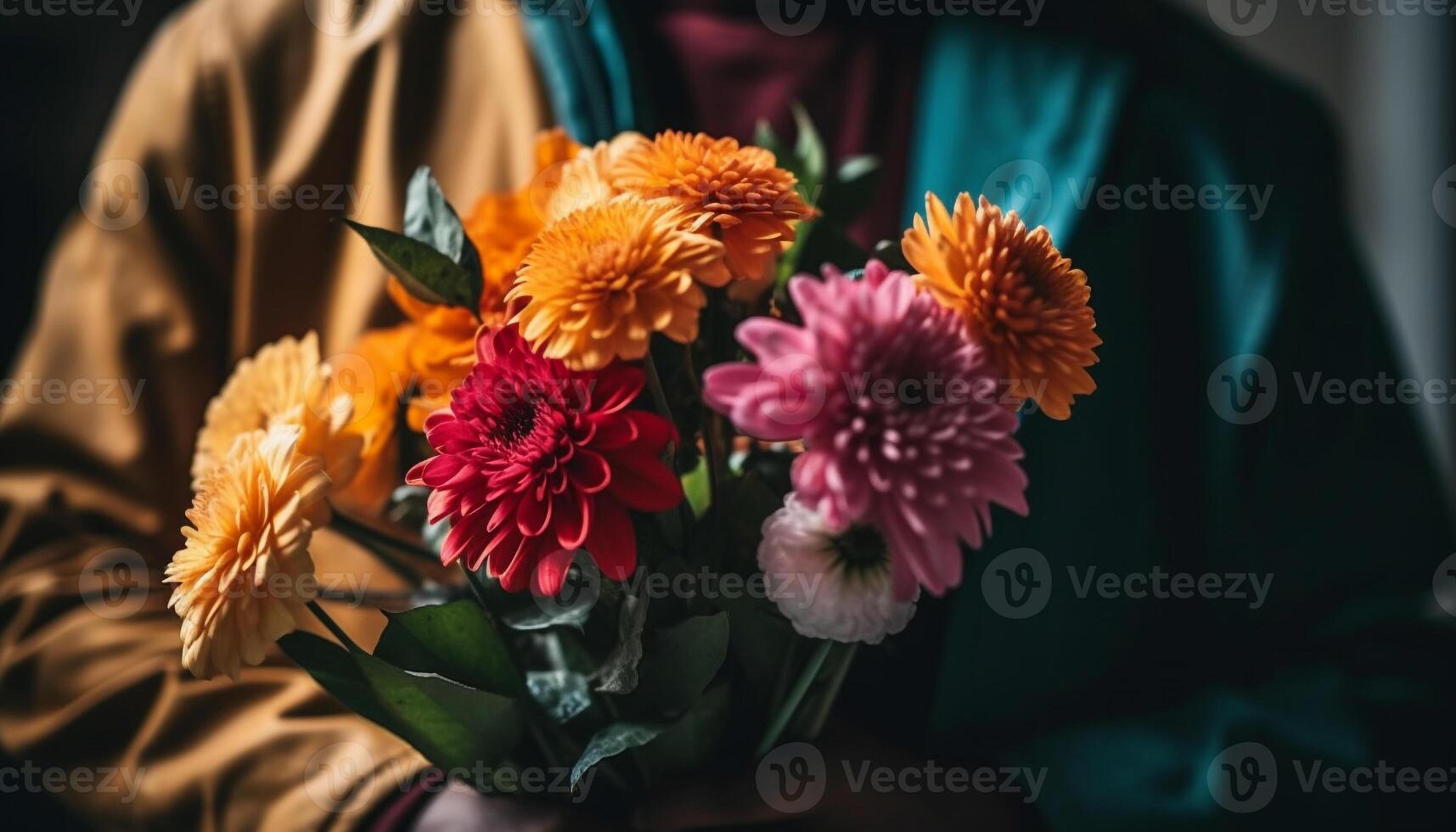 ett person innehav en mång färgad bukett av färsk blommor genererad förbi ai foto