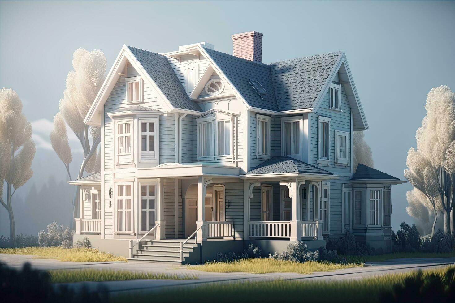 3d tolkning av en klassisk amerikan hus med en skön trädgård, realistisk klassisk hus, ai genererad foto