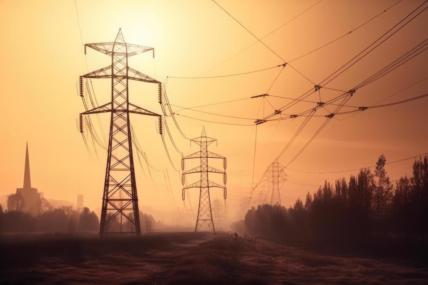 kraft linje i de dimma på soluppgång. skön vinter- landskap med elektricitet pyloner. stor elektricitet pylon se på solnedgång tid, ai genererad foto