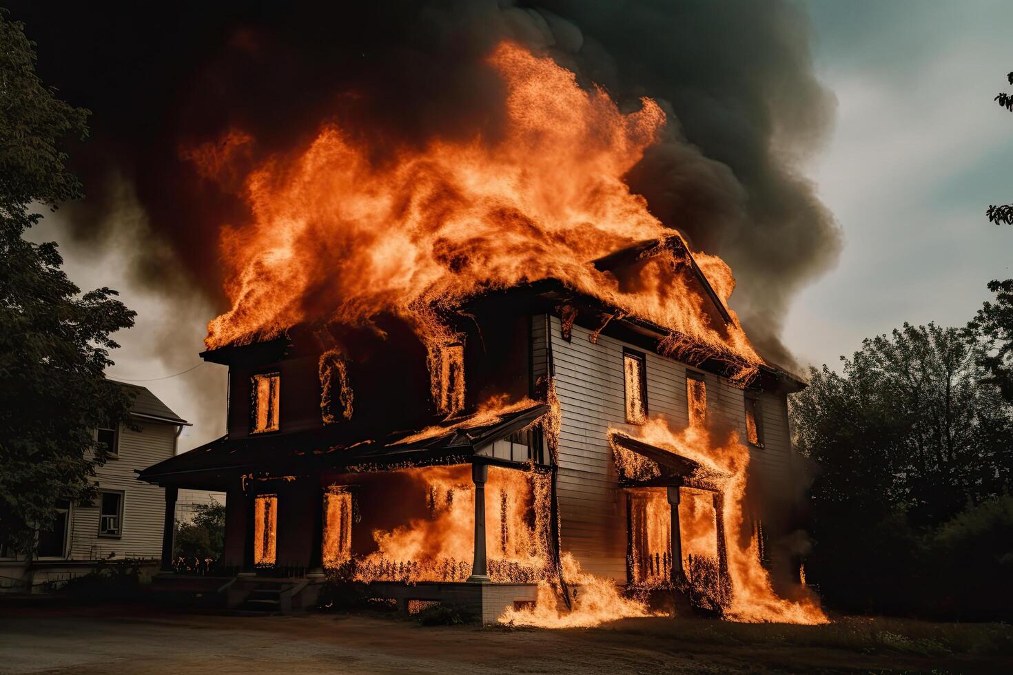 brinnande hus. brand i de hus. bränt hus. en hus är på brand, ai genererad foto