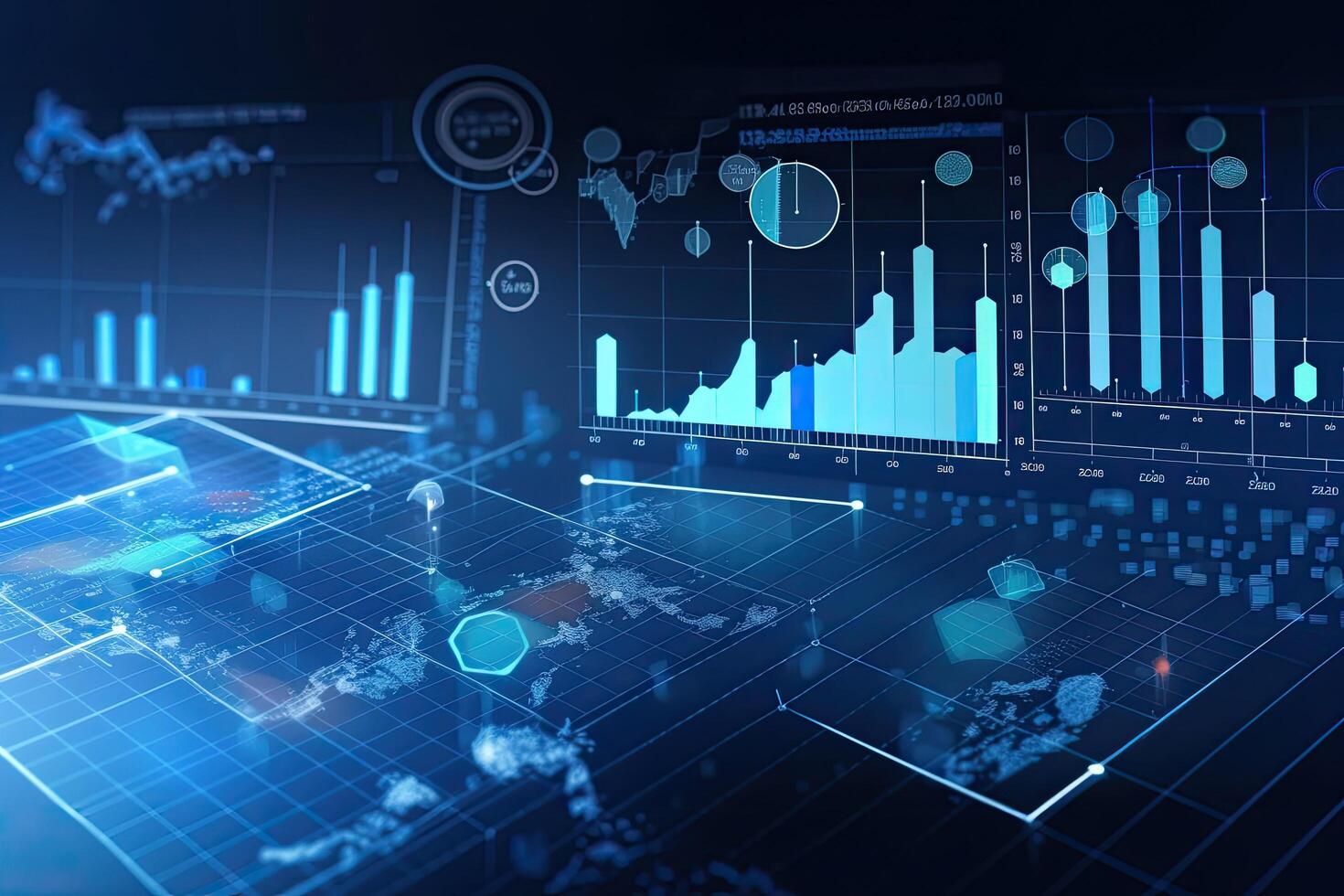 digital företag bild med grafer och diagram över blå bakgrund. 3d tolkning, företag data analys och analys av kunder, ai genererad foto