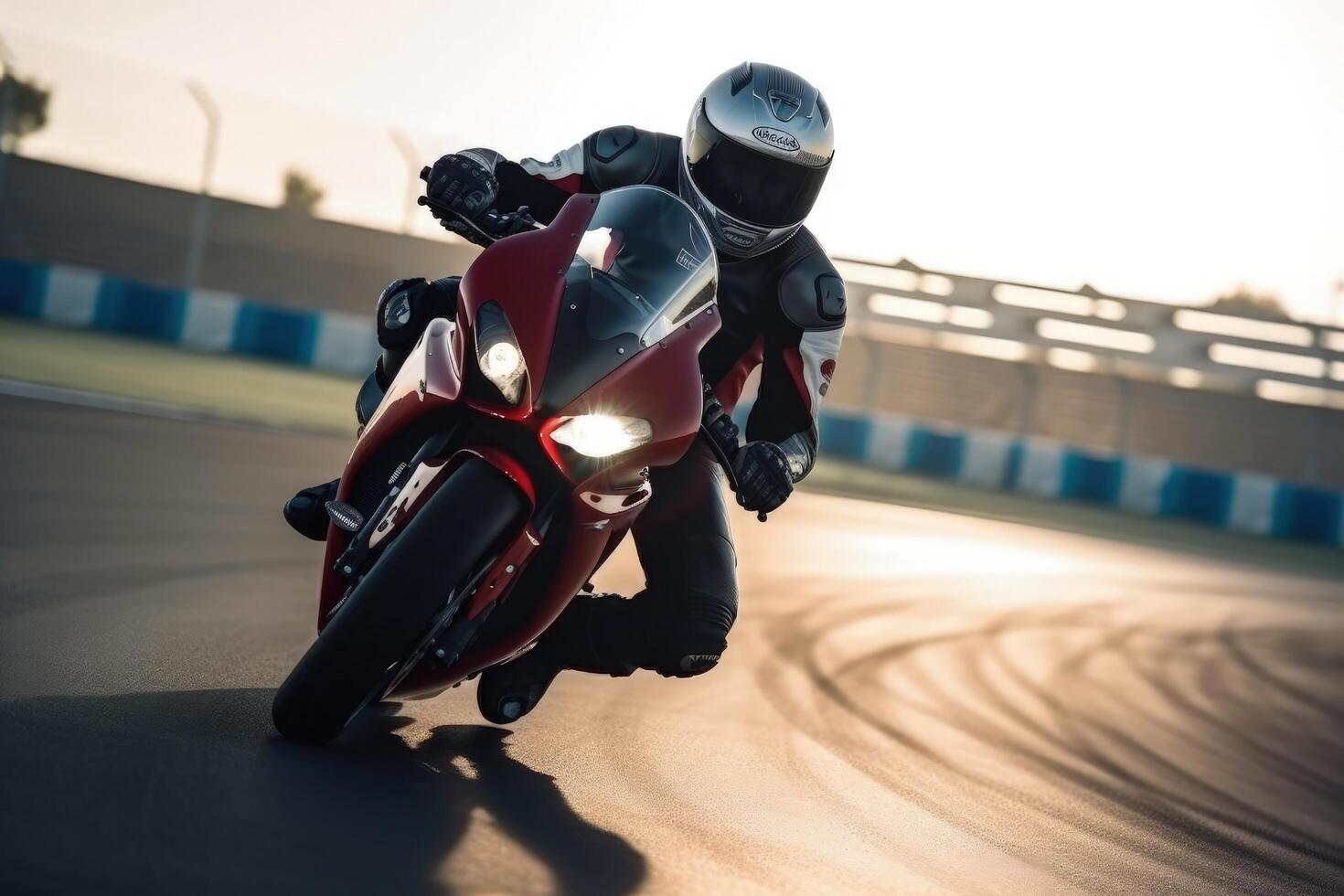 motorcykel ryttare på sport cykel rider snabb på lopp Spår på solnedgång. extrem idrottare sport motorcyklar tävlings, ai genererad foto