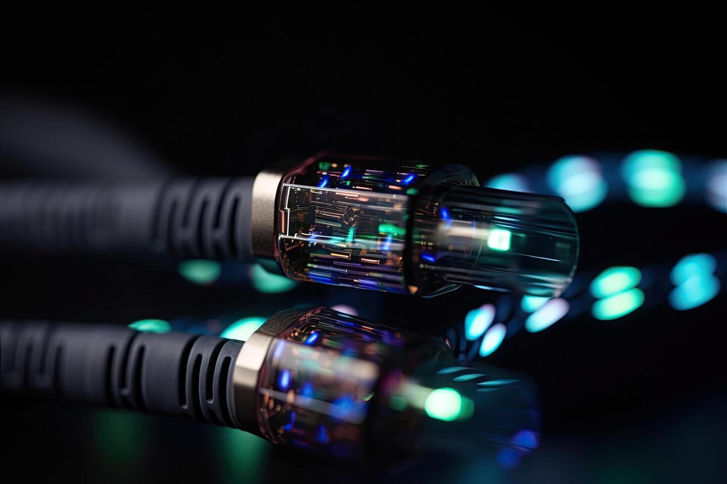fiber optisk kabel- närbild med blå led lampor på svart bakgrund, trogen data överföra kablar stänga upp skott foto