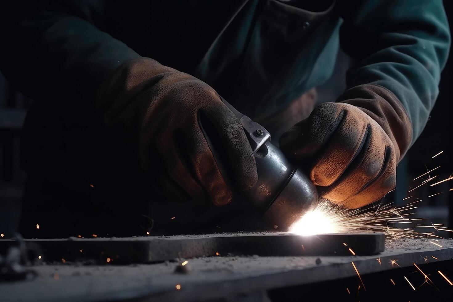 stänga upp av en svetsare skärande metall med en kvarn, industriell arbetstagare händer närbild se svetsning kurage, ai genererad foto