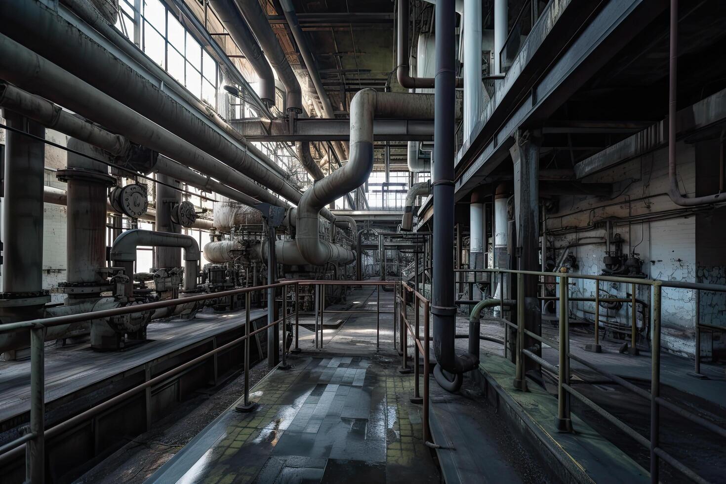 industriell zon, stål rörledningar och kablar i en kraft växt. inuti ett industriell fabrik med metall rörledningar, ai genererad foto