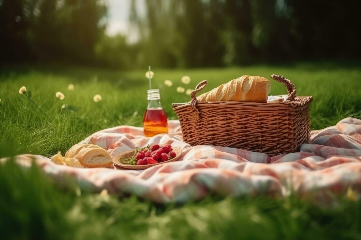 picknick korg med croissanter och sylt på filt på grön gräs, picknick tyg ark på en grön fält med en picknick korg, ai genererad foto