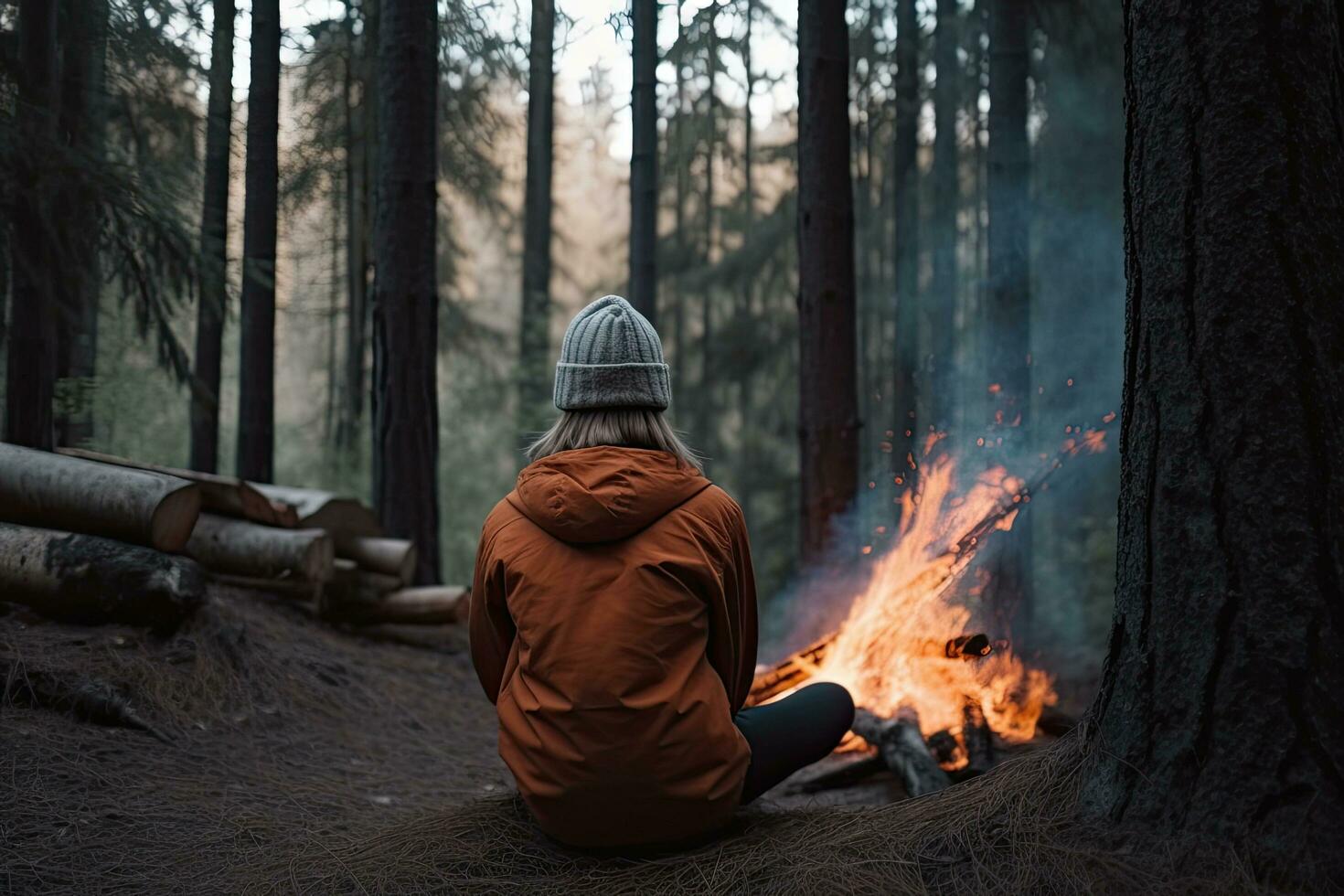 ung kvinna Sammanträde nära bål i höst skog på solnedgång. camping livsstil. bak- se av kvinna Sammanträde nära en lägereld i de skog, ai genererad foto