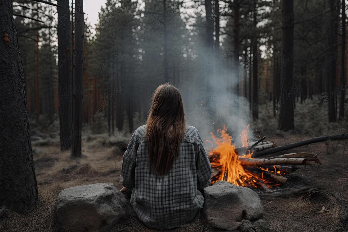 ung kvinna Sammanträde förbi de bål i de skog och ser på de himmel, bak- se av kvinna Sammanträde nära en lägereld i de skog, ai genererad foto