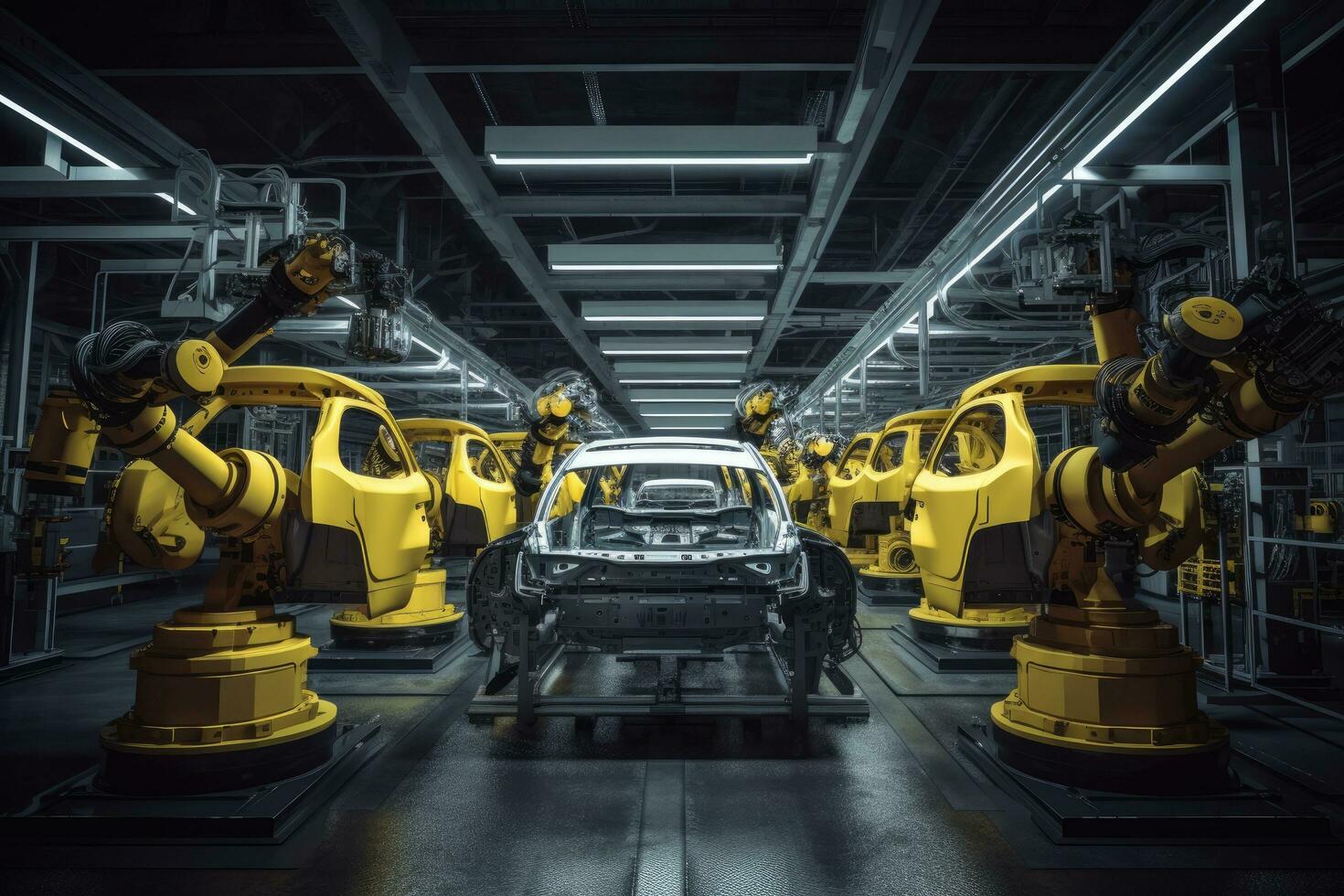 produktion linje av de fabrik för de produktion av bil bilar, robot vapen tillverkning bilar i en bil fabrik, ai genererad foto