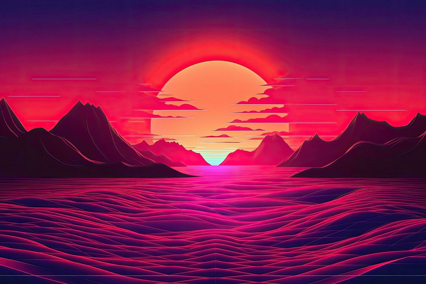 solnedgång över de hav och berg, illustration, synthwave solnedgång landskap 80s retro synthwave Färg, ai genererad foto