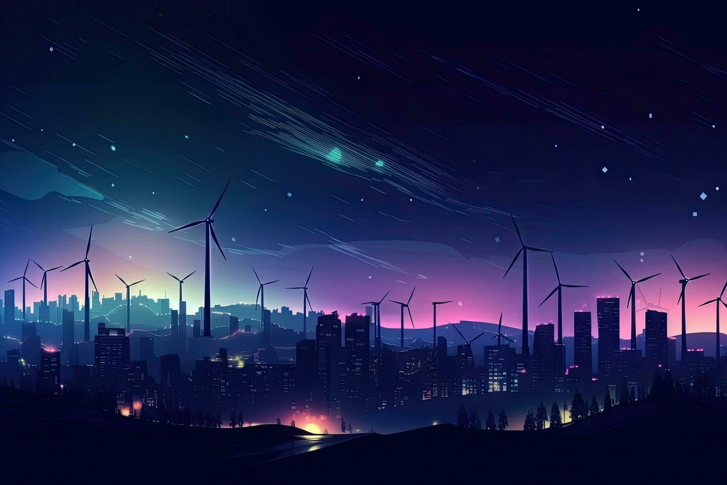 natt stadsbild med vind turbiner och lysande stjärnor. illustration. vind turbiner alstrande elektricitet i en mörk natt, ai genererad foto