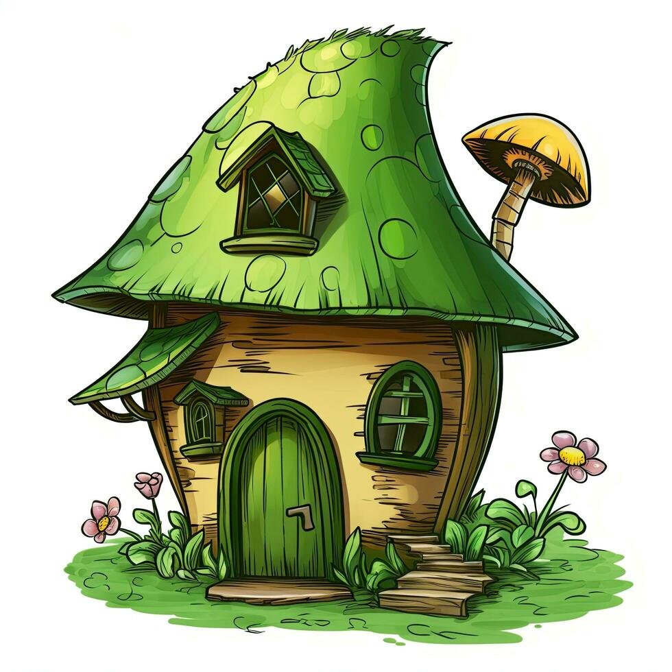 illustration av en grön fe- hus med svamp på en vit bakgrund, grön fe- hus ClipArt, ai genererad foto