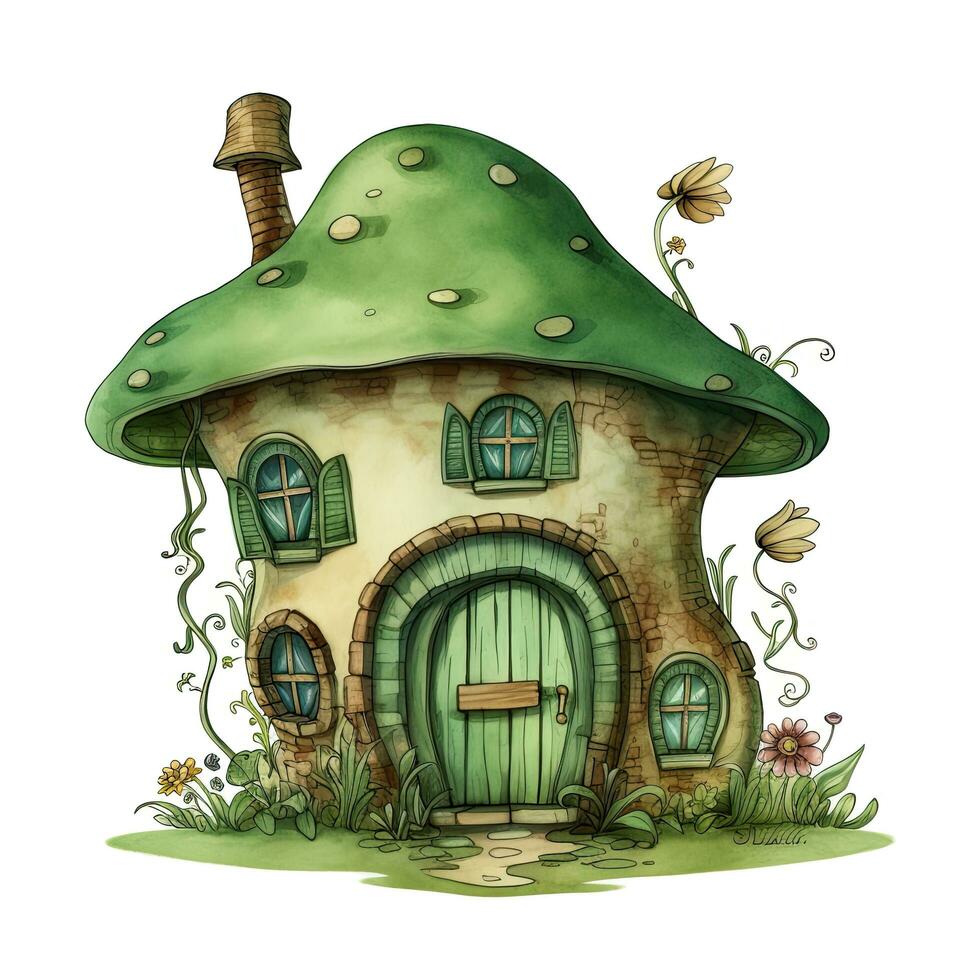 tecknad serie illustration av fe- hus med grön tak, gräs och blommor, grön fe- hus ClipArt, ai genererad foto