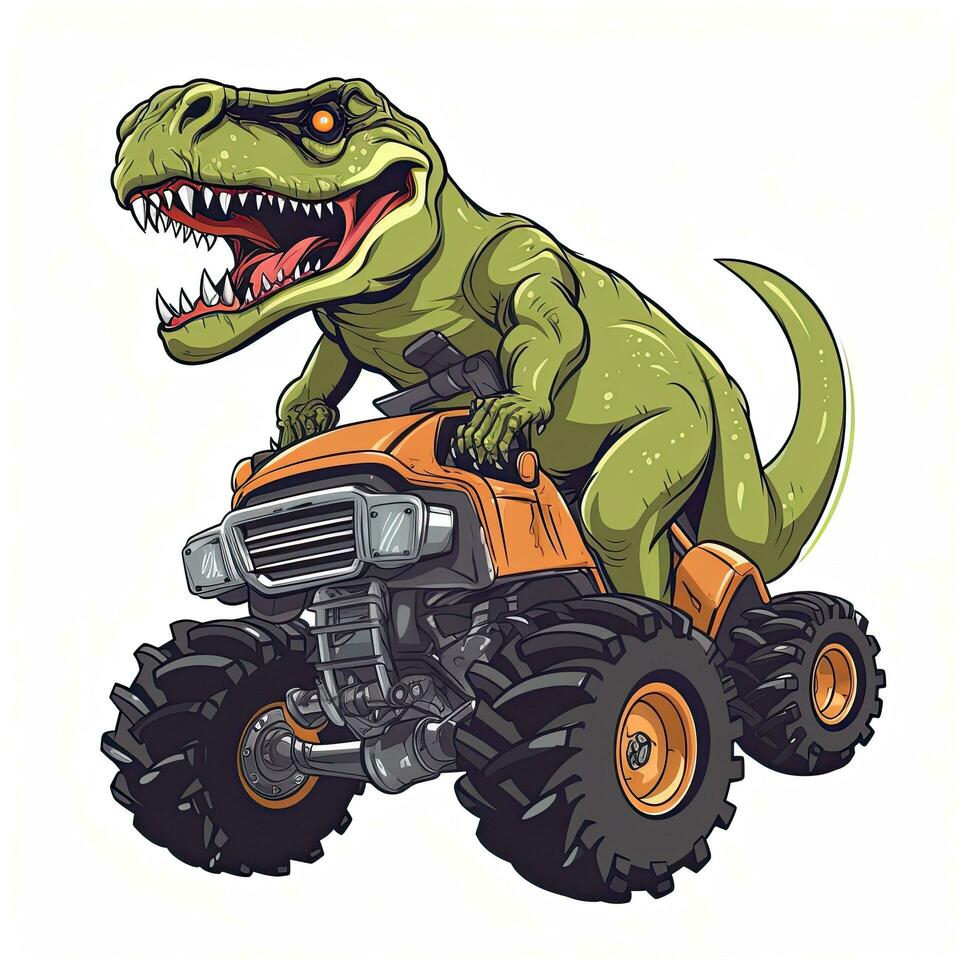 tecknad serie dinosaurie på en quad cykel. illustration av monster. t Rex ridning monster lastbil ClipArt, ai genererad foto