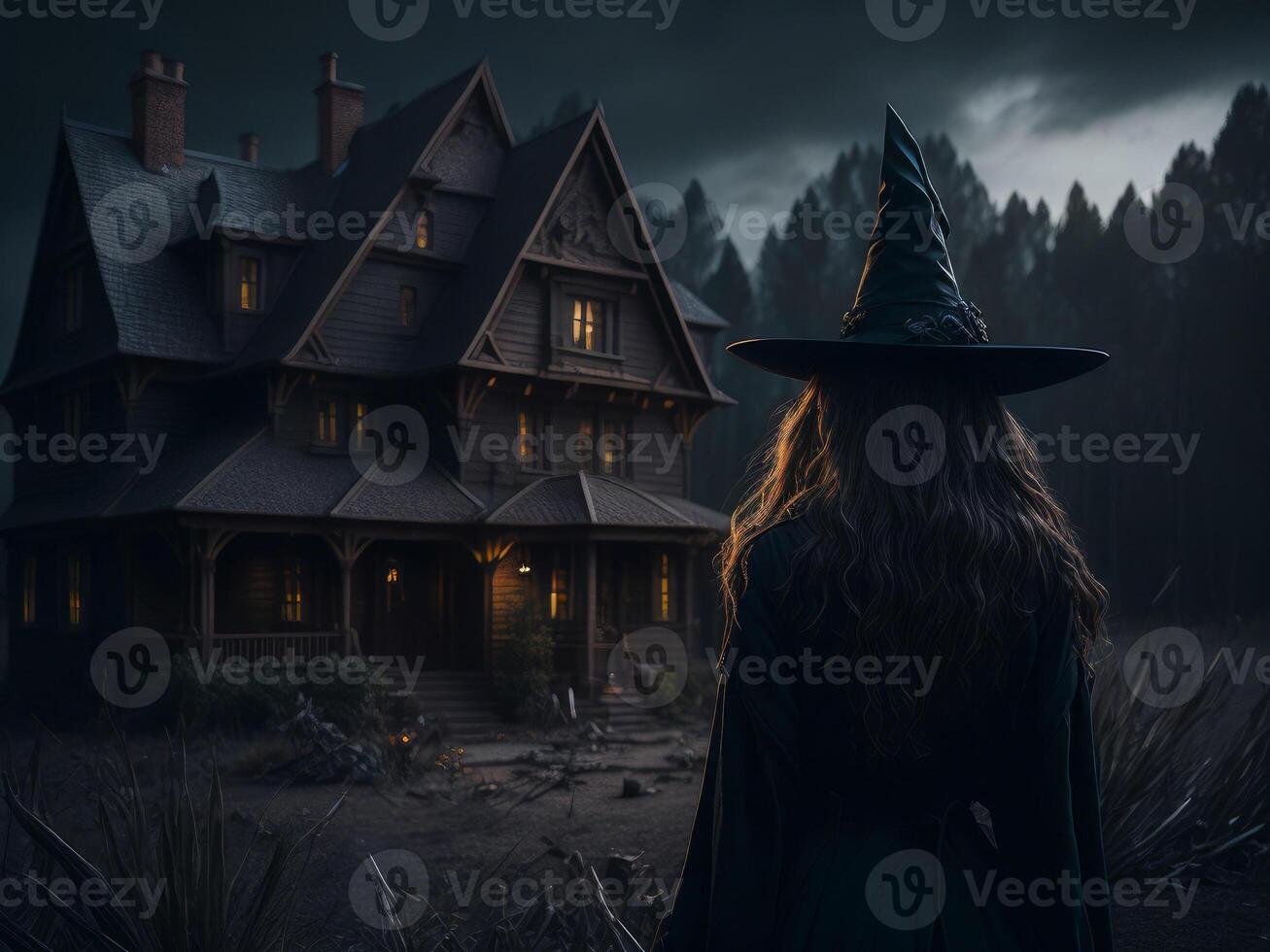 häxa i svart kläder nära gammal mörk trä- hus. halloween bakgrund. ai genererad foto