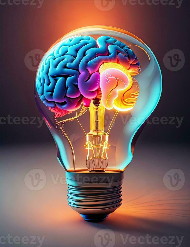 idéer begrepp, hjärna inuti de ljus Glödlampa på färgrik bakgrund foto