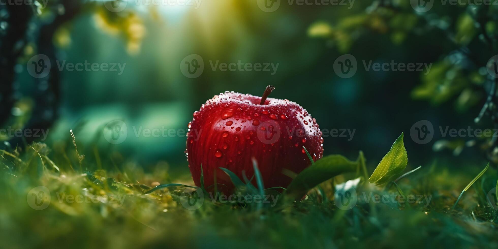 färsk röd äpple på grön gräs. generativ ai foto