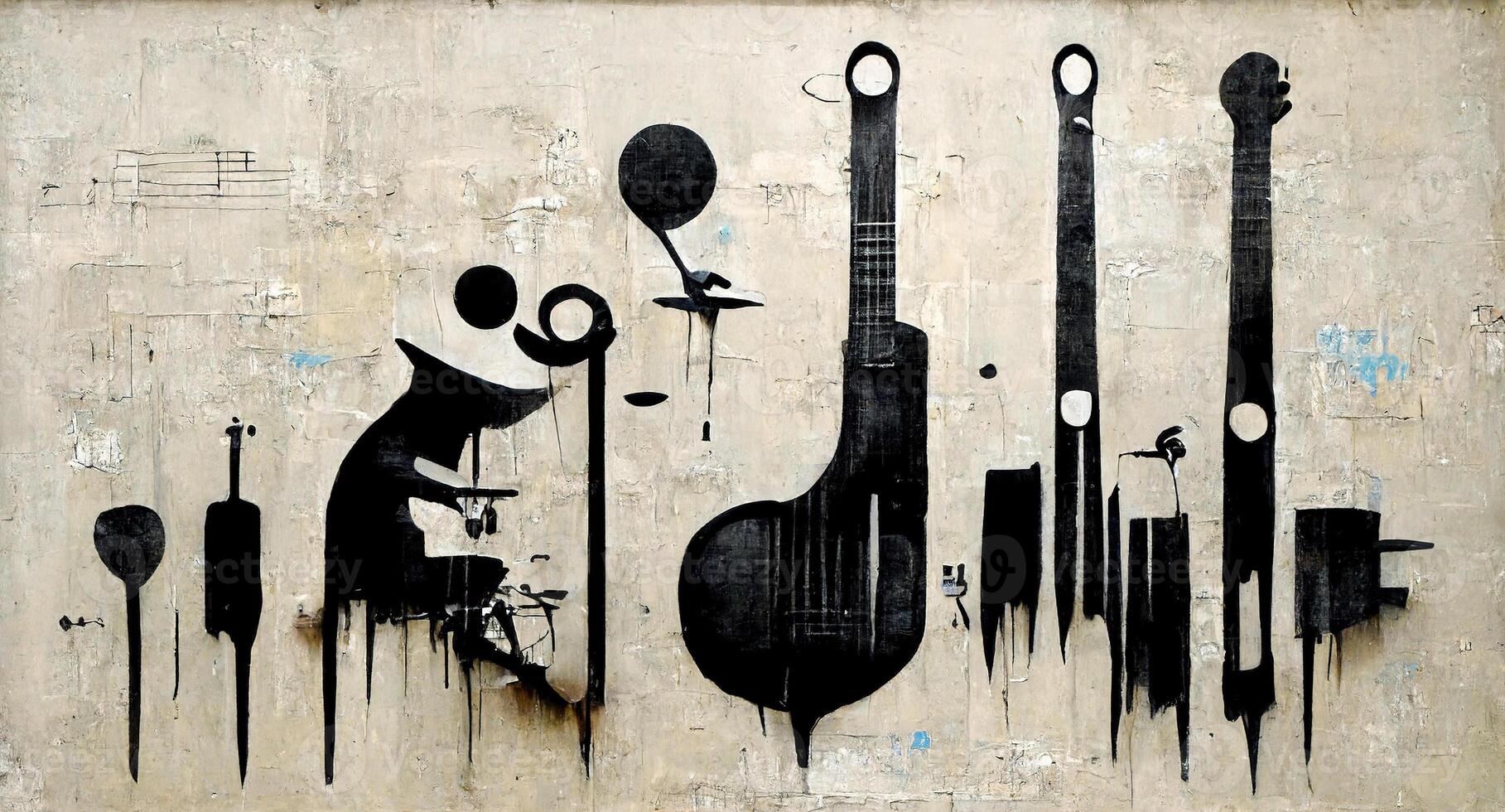 generativ ai, abstrakt gata konst med nycklar och musikalisk instrument silhuetter. bläck färgrik graffiti konst på en texturerad papper årgång bakgrund, inspirerad förbi banksy. foto