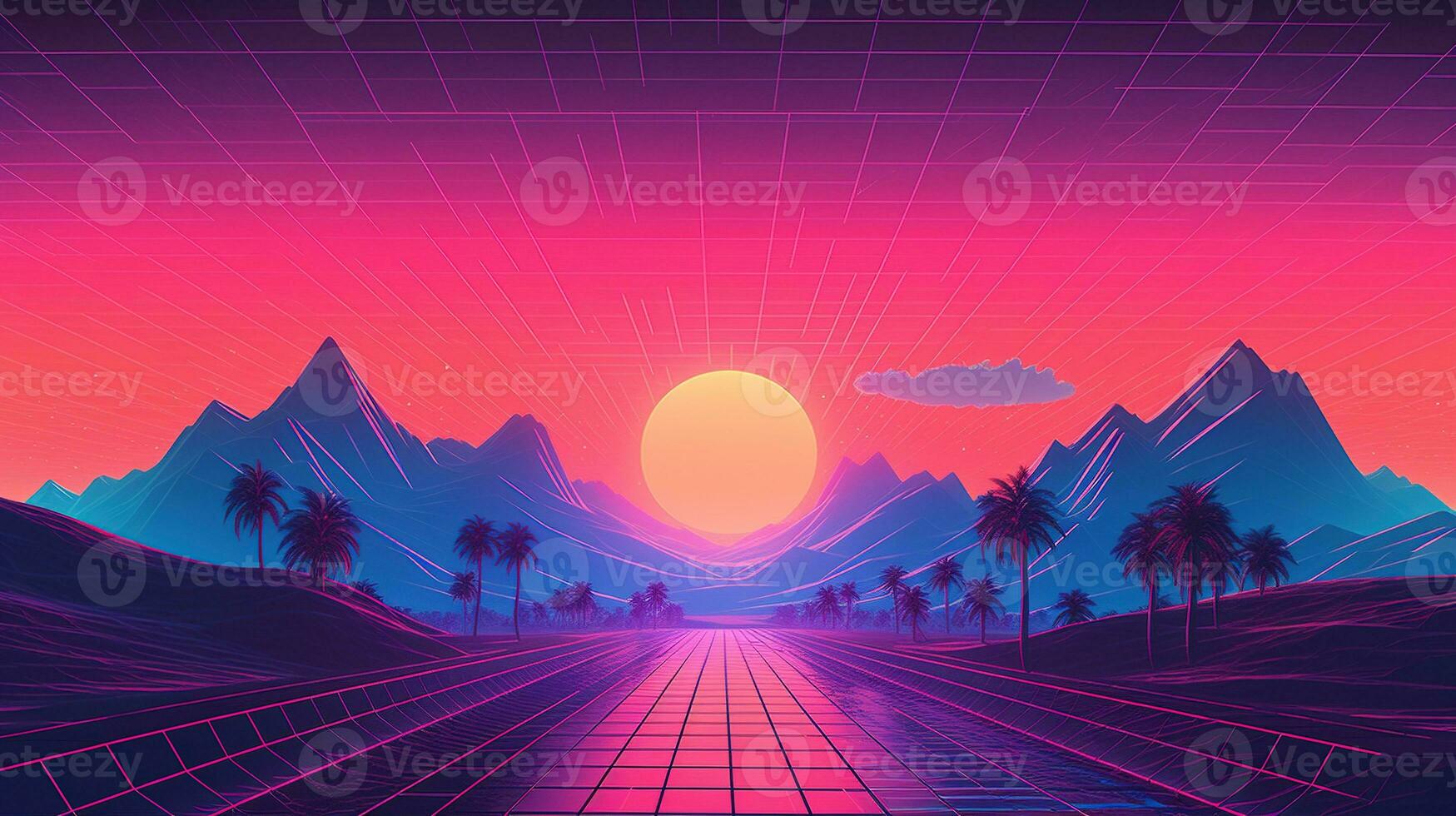 generativ ai, 80s retro trogen sci-fi., nostalgisk 90-tal. natt och solnedgång neon färger, cyberpunk årgång illustration. Sol, bergen och handflatorna. retrowave vj TV-spel landskap. foto