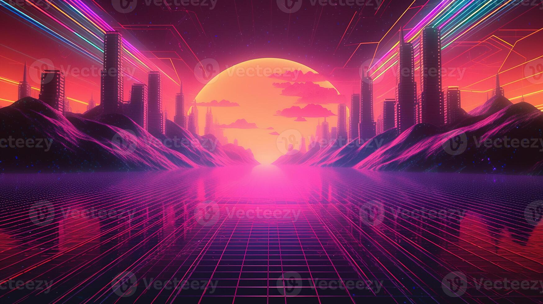 generativ ai, 80s retro trogen sci-fi., nostalgisk 90-tal. natt och solnedgång neon färger, cyberpunk årgång illustration. Sol, bergen och handflatorna. retrowave vj TV-spel landskap. foto