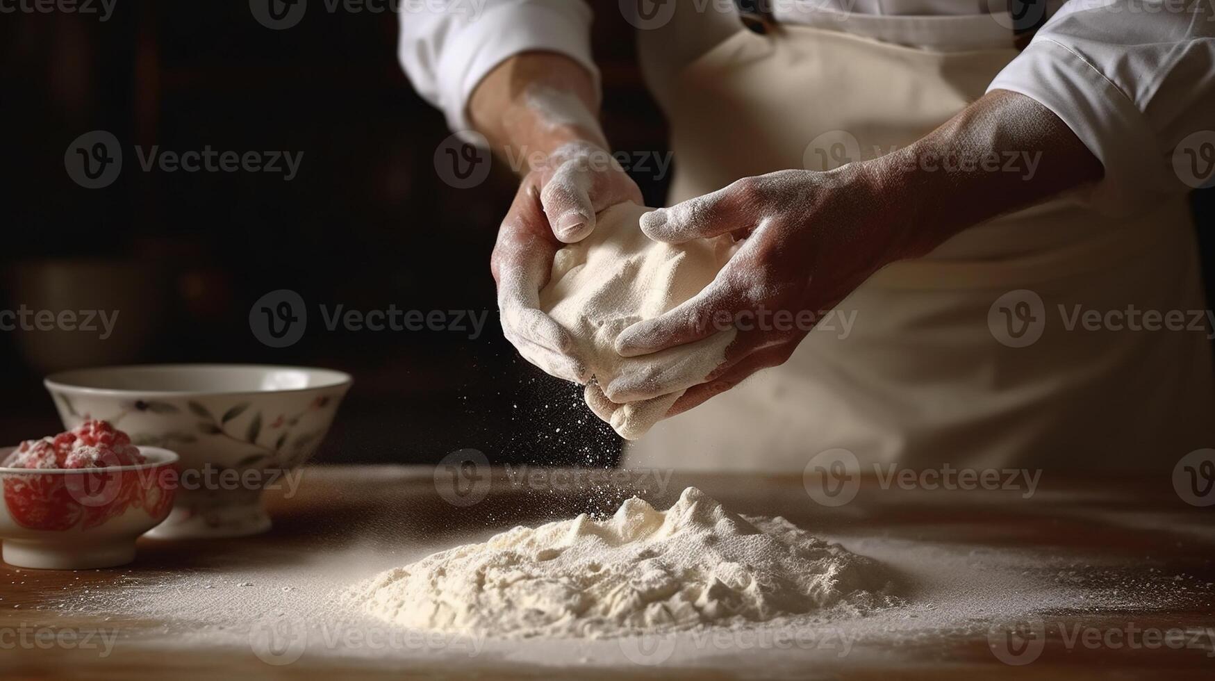 generativ ai, händer av bagare i restaurang eller Hem kök, förbereder ekologiskt naturlig bakverk eller bröd foto