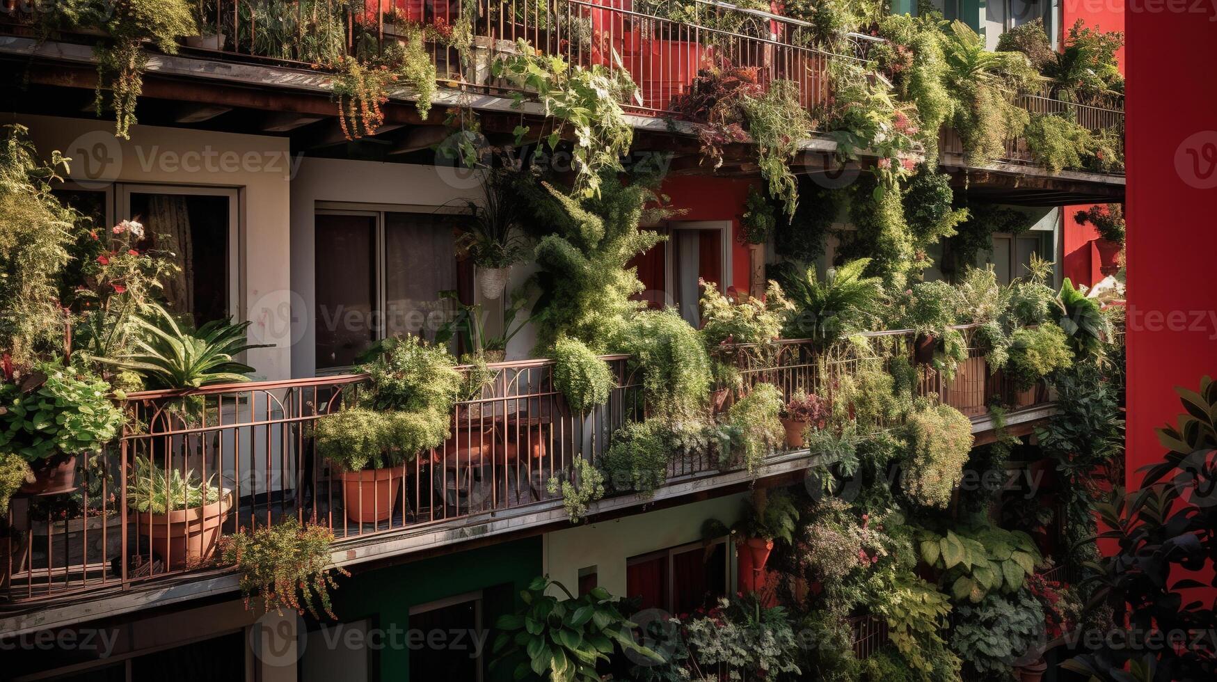 generativ ai, skön balkong omgiven förbi en tropisk stil trädgård, blomning blommor och grön växter foto