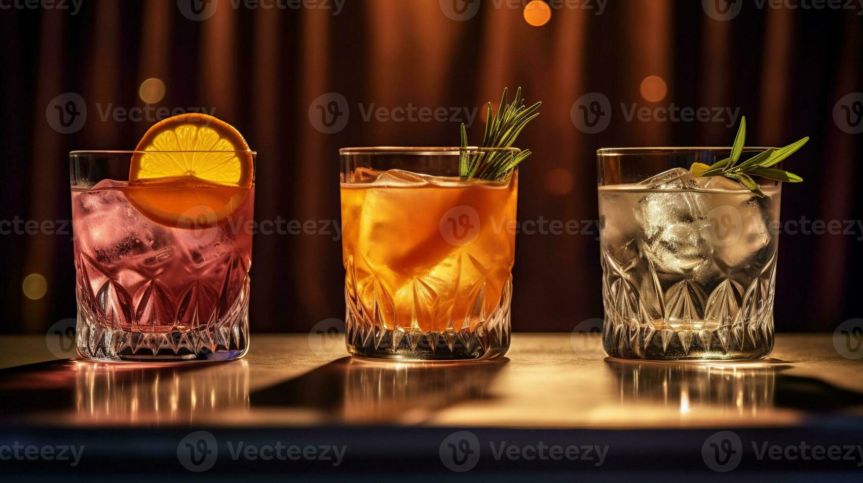 generativ ai, tre annorlunda ljus cocktails glasögon på de bar mörk bakgrund. foto