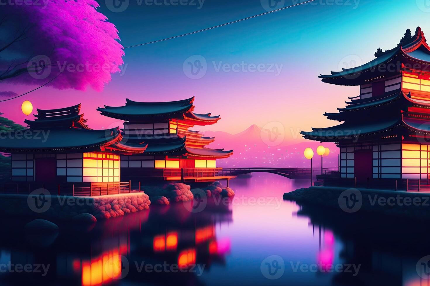 synthwave japansk design byggnad bakgrund foto