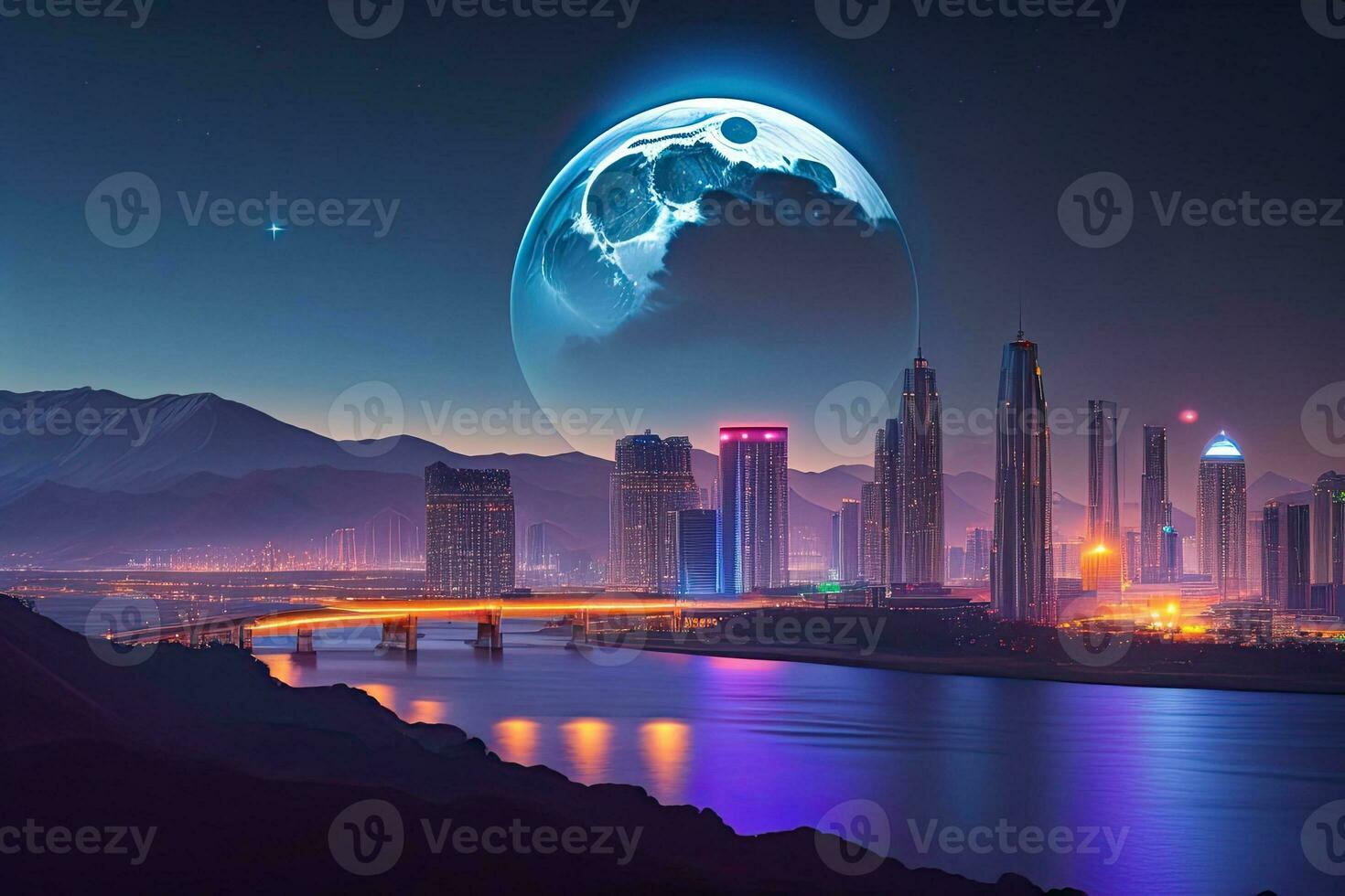 stad på natt med full måne generativ ai foto