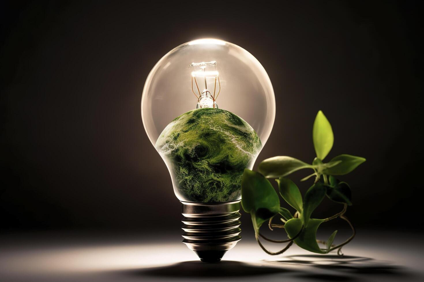 ljus Glödlampa med växt och grön jord , generativ ai foto