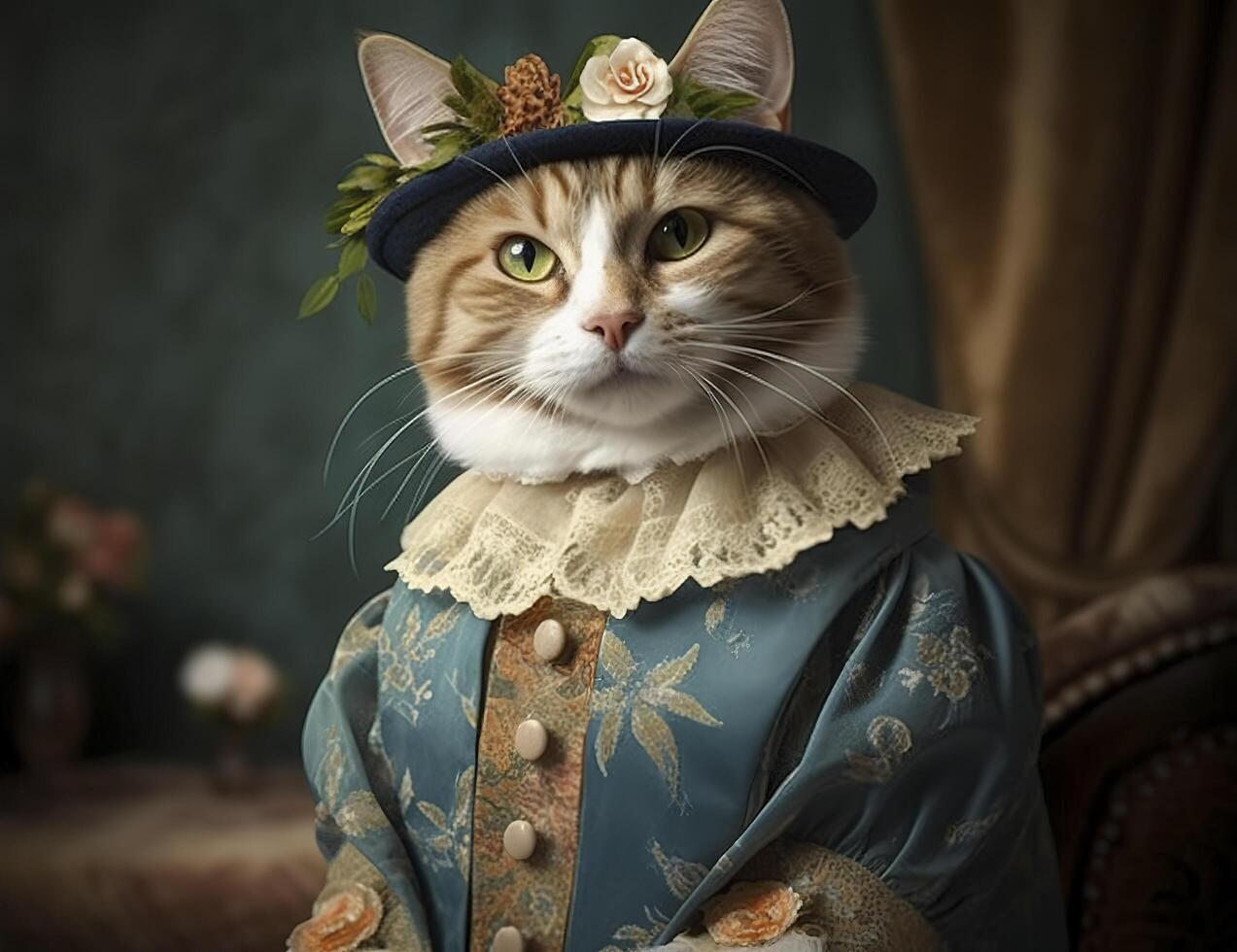 katt klädd i årgång kläder i victorian stil, porträtt i de stil av de 19:e århundrade, rolig söt katt i mänsklig kläder. ai generativ. foto