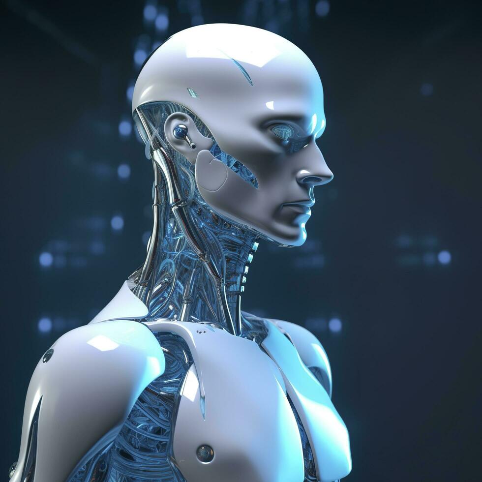 chatgpt, en tänkande robot, en humanoid robot ansikten närbild trogen modern tech chatbot bistånd bil konversation, framtida digital teknologi ai artificiell intelligens begrepp, generera ai foto