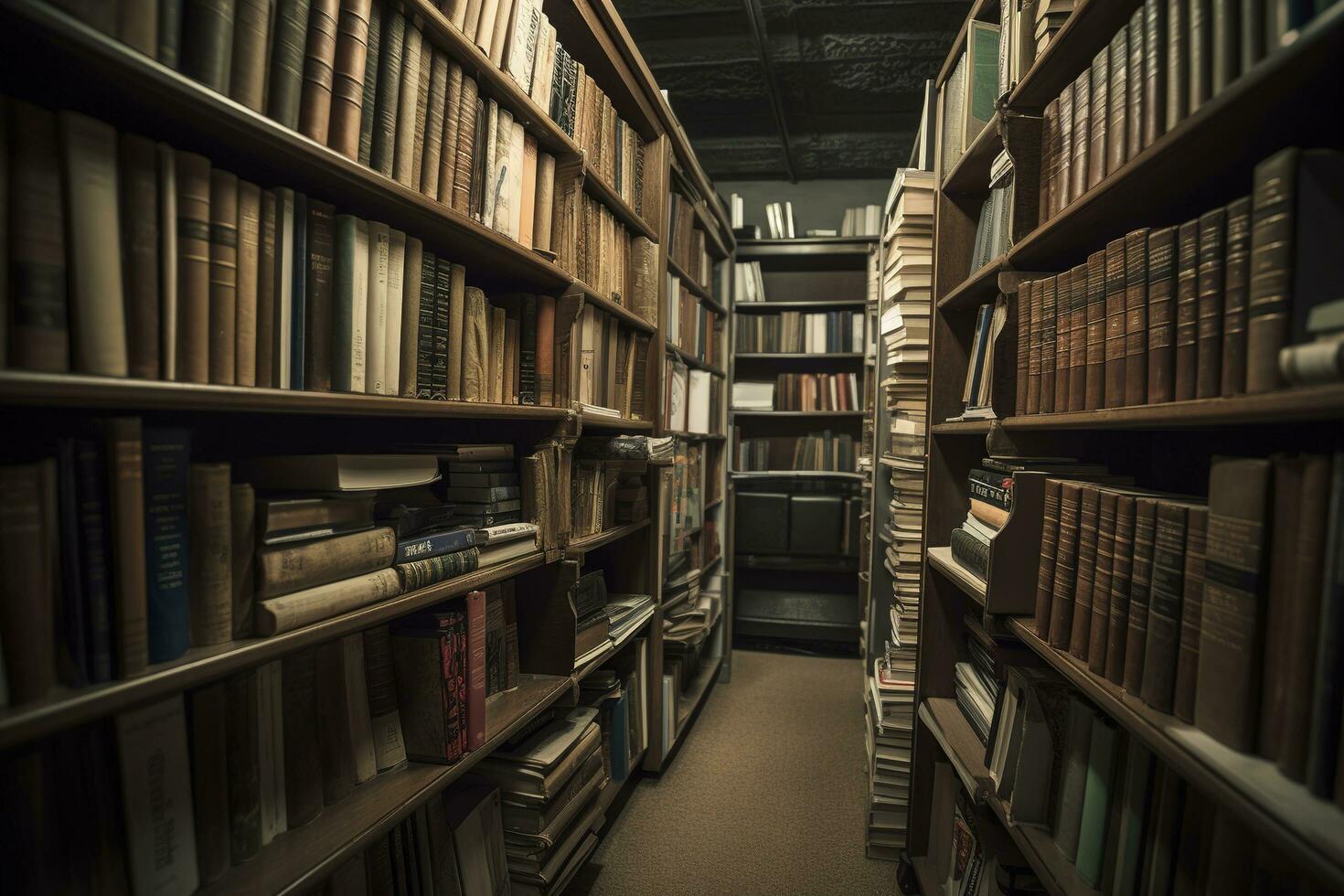 bibliotek stackar av böcker och bokhylla. 3d illustration, generera ai foto