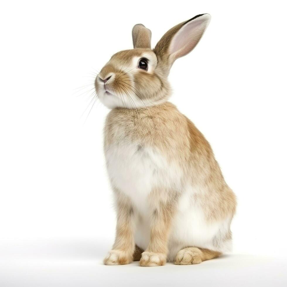de rolig kanin är stående på dess hind ben isolerat på vit bakgrund, generera ai foto