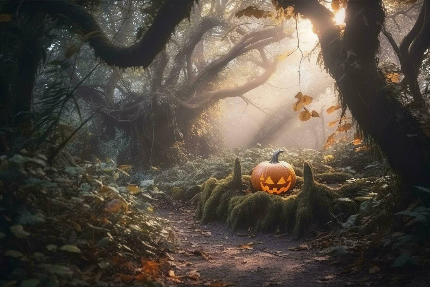 en läskigt skog solnedgång med de besatt ondska lysande ögon av domkraft o' lyktor på de vänster av en trä- bänk på en skrämmande halloween natt, generera ai foto