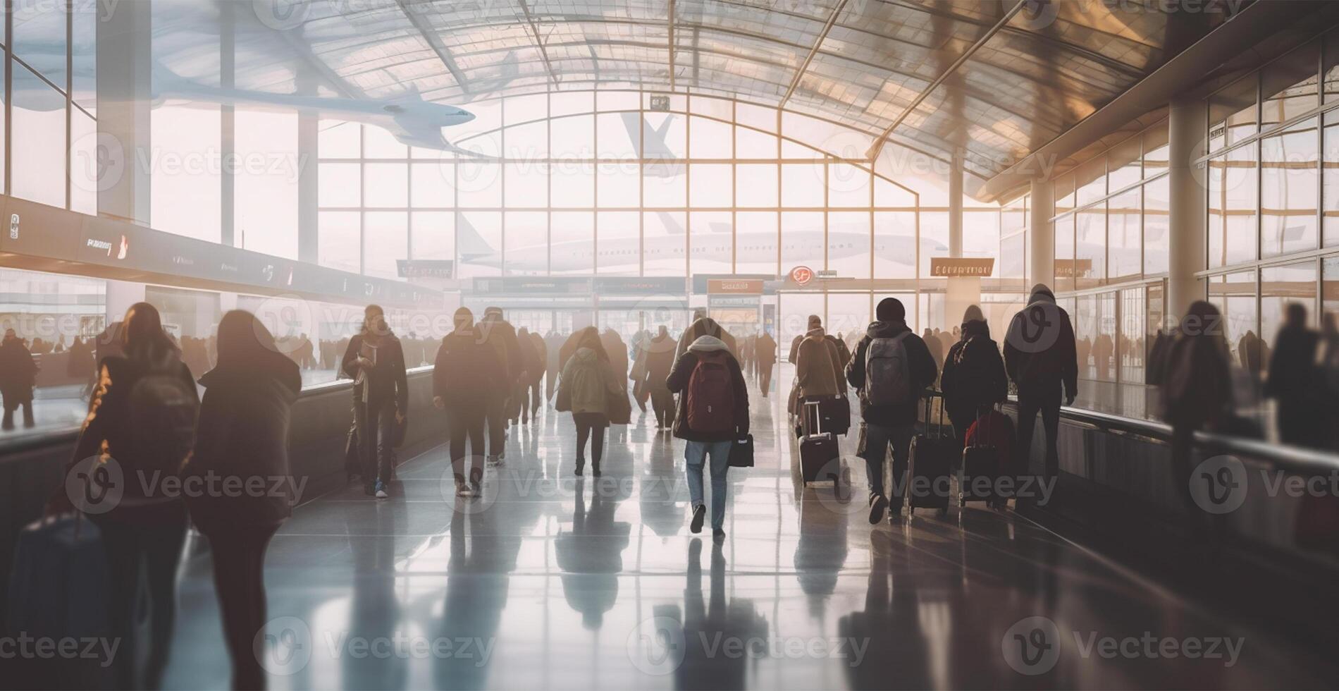 flygplats byggnad, internationell terminal, rusa människor till landa, suddig bakgrund - ai genererad bild foto