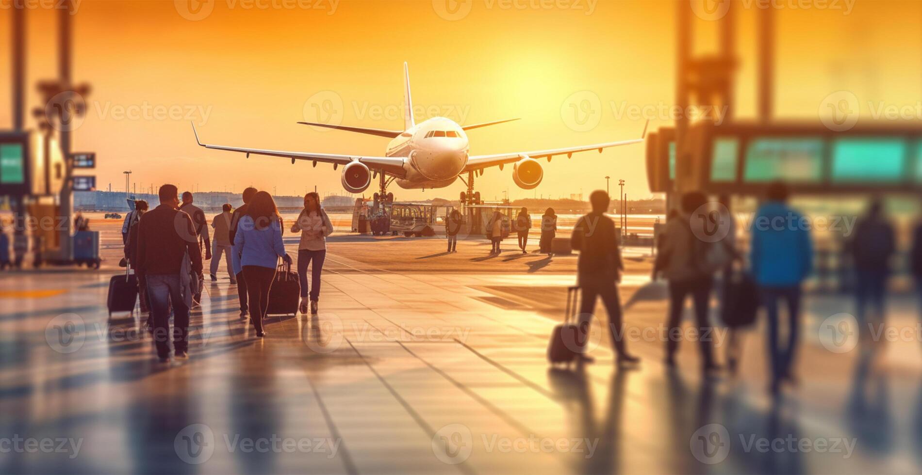 flygplats byggnad, internationell terminal, rusa människor till landa, suddig bakgrund - ai genererad bild foto