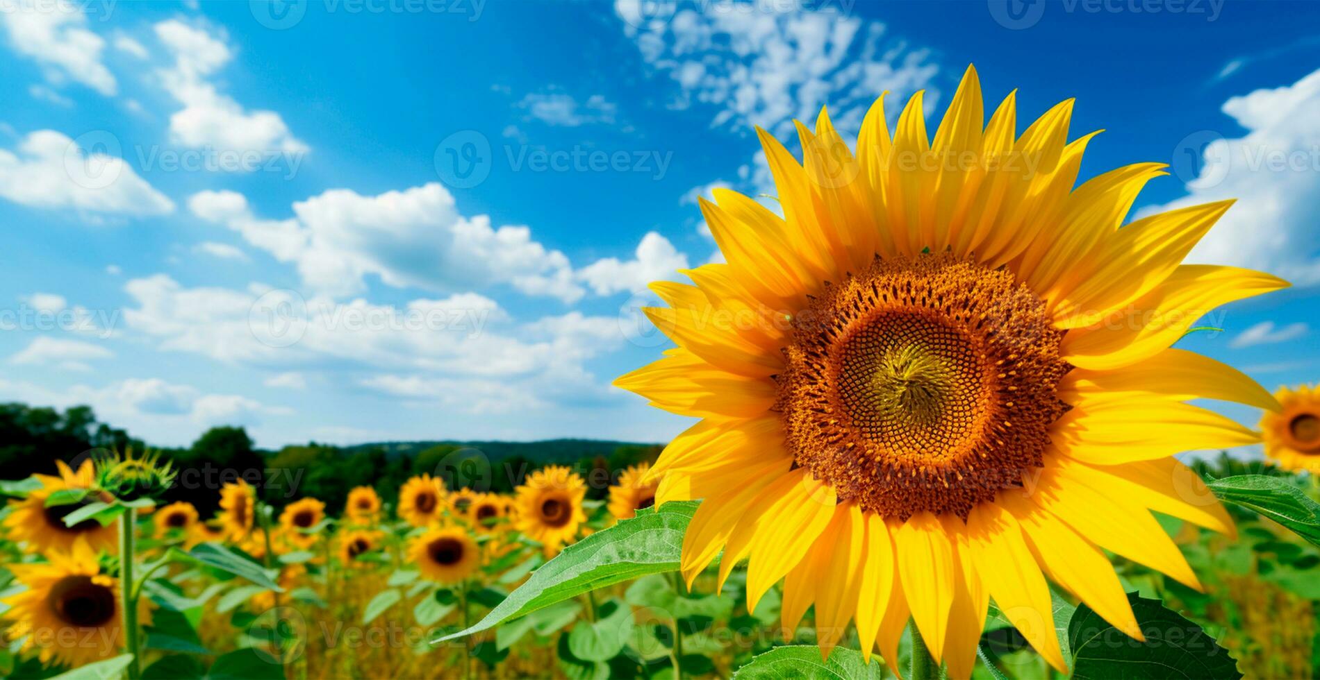 fält av solrosor i blomma, varm solig sommar, panorama- ljus bakgrund - ai genererad bild foto