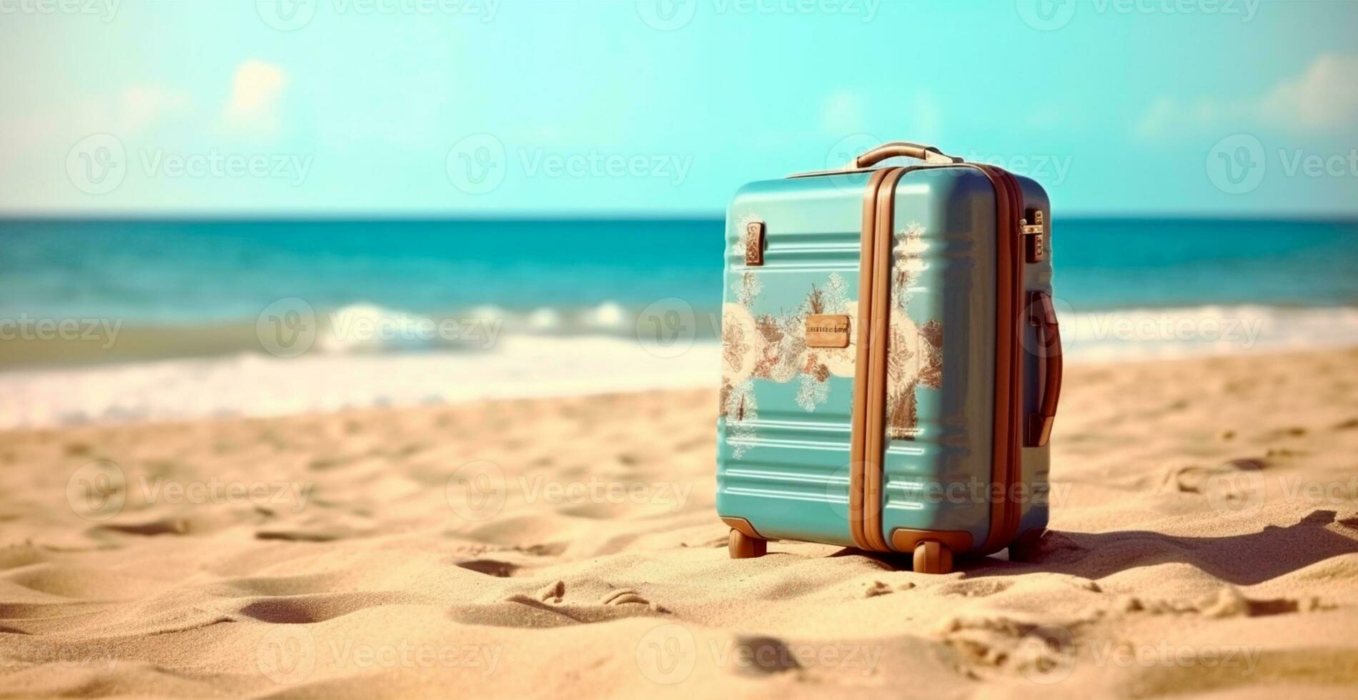 sommar resa och turism, ljus resväska på en skön sandig strand. semester resa - ai genererad bild foto